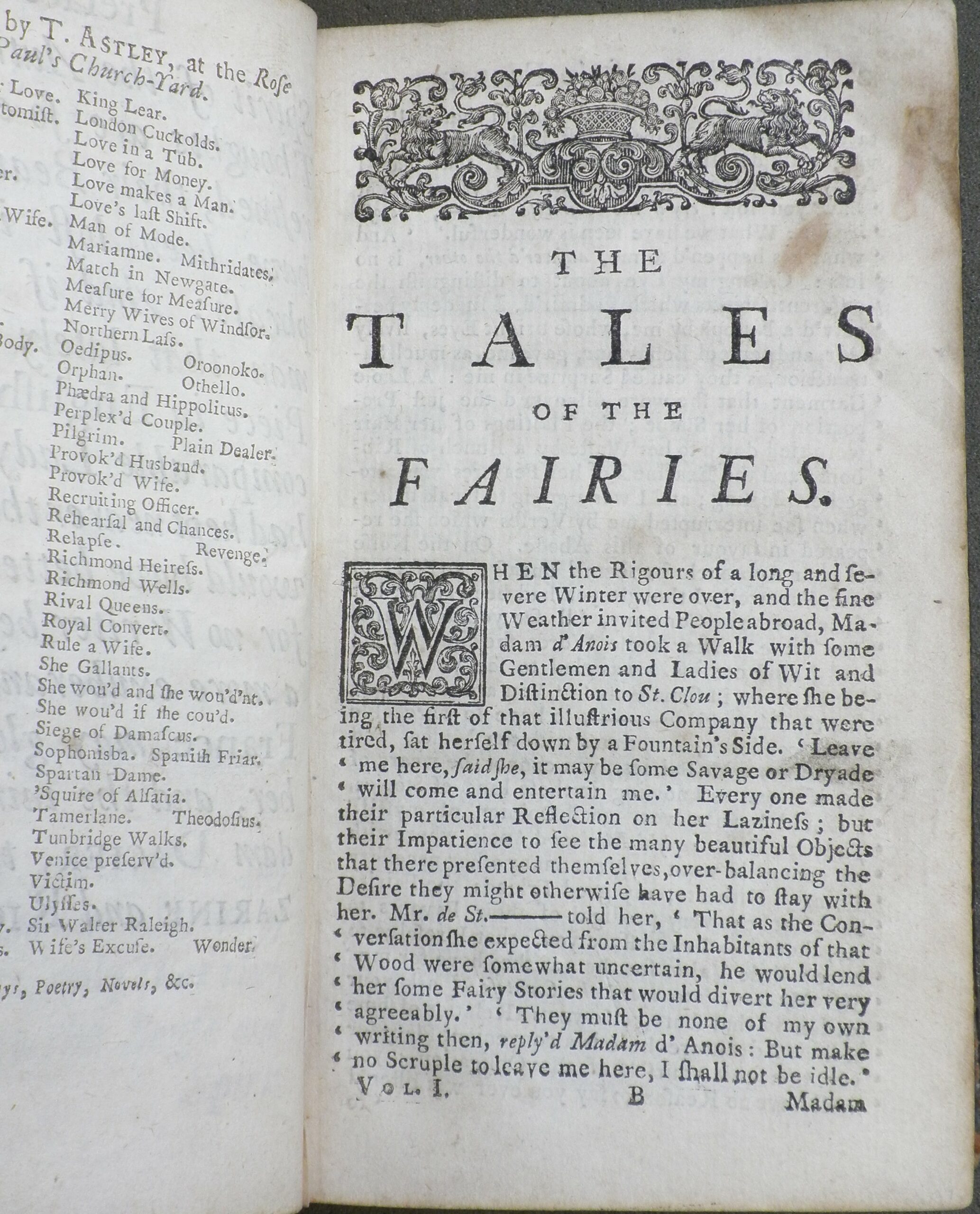 Image of the first page of The Tales of the Fairies. The head of the page is decorated with an elaborate woodcut.