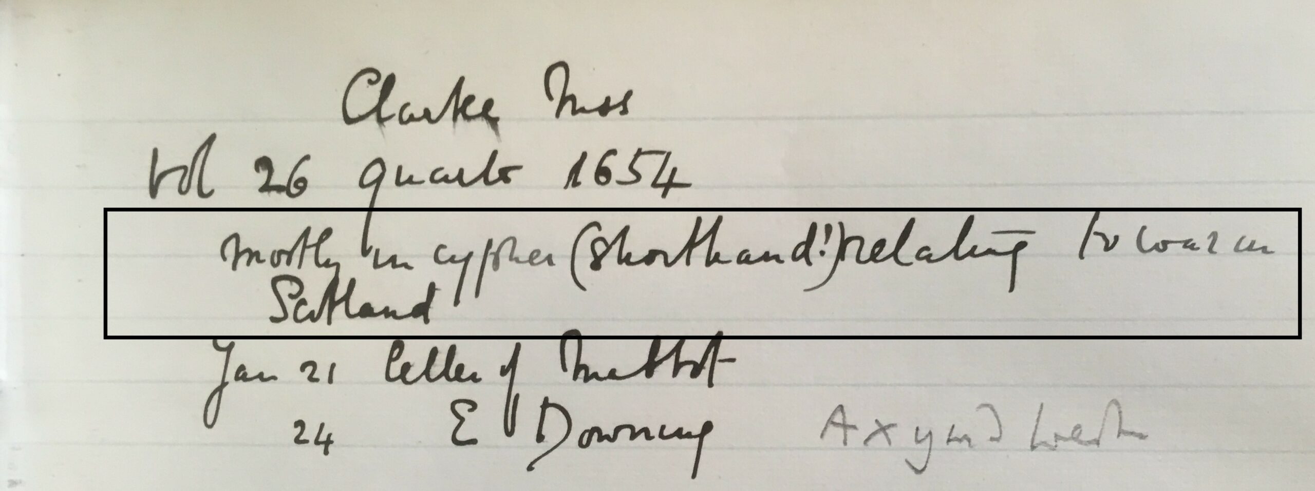 Entry in Firth's notebook where he records 'Clarke MSS vol 26 ... mostly in cypher (shorthand!) relating to war in Scotland'.