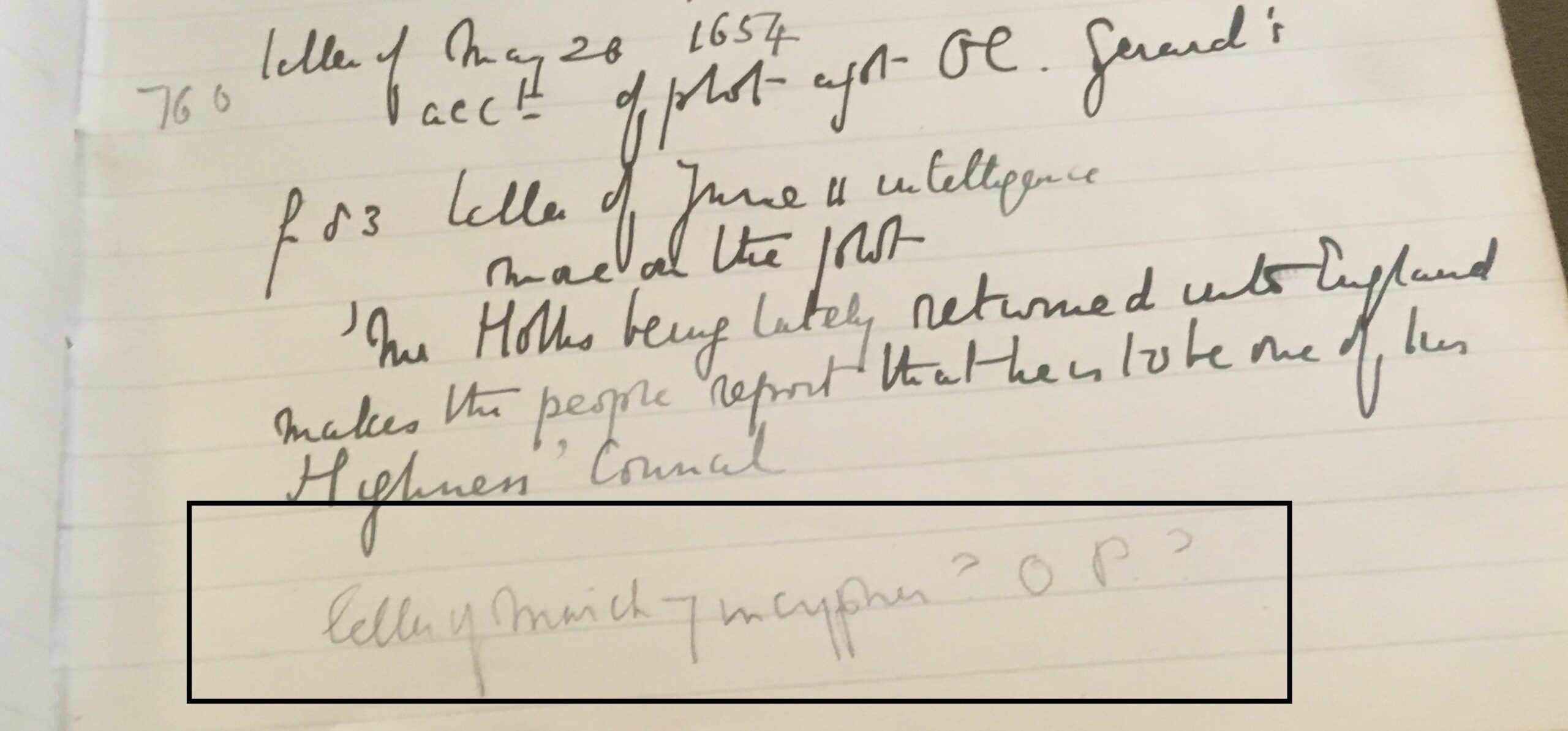 Another entry in Firth's notebook describing a document as 'in cypher?'.