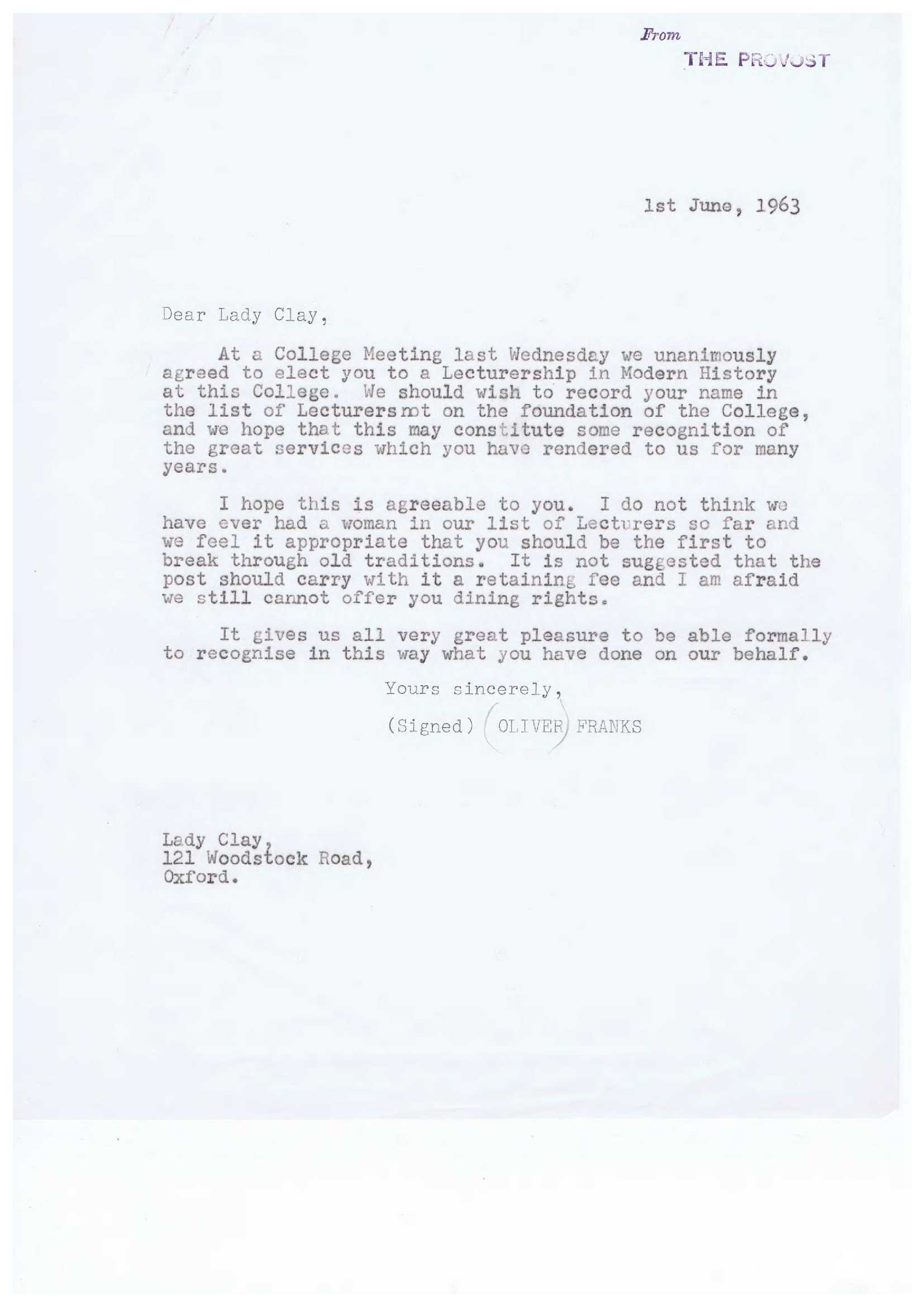 Letter from Provost Franks to Rosalind Clay, 1st June 1963