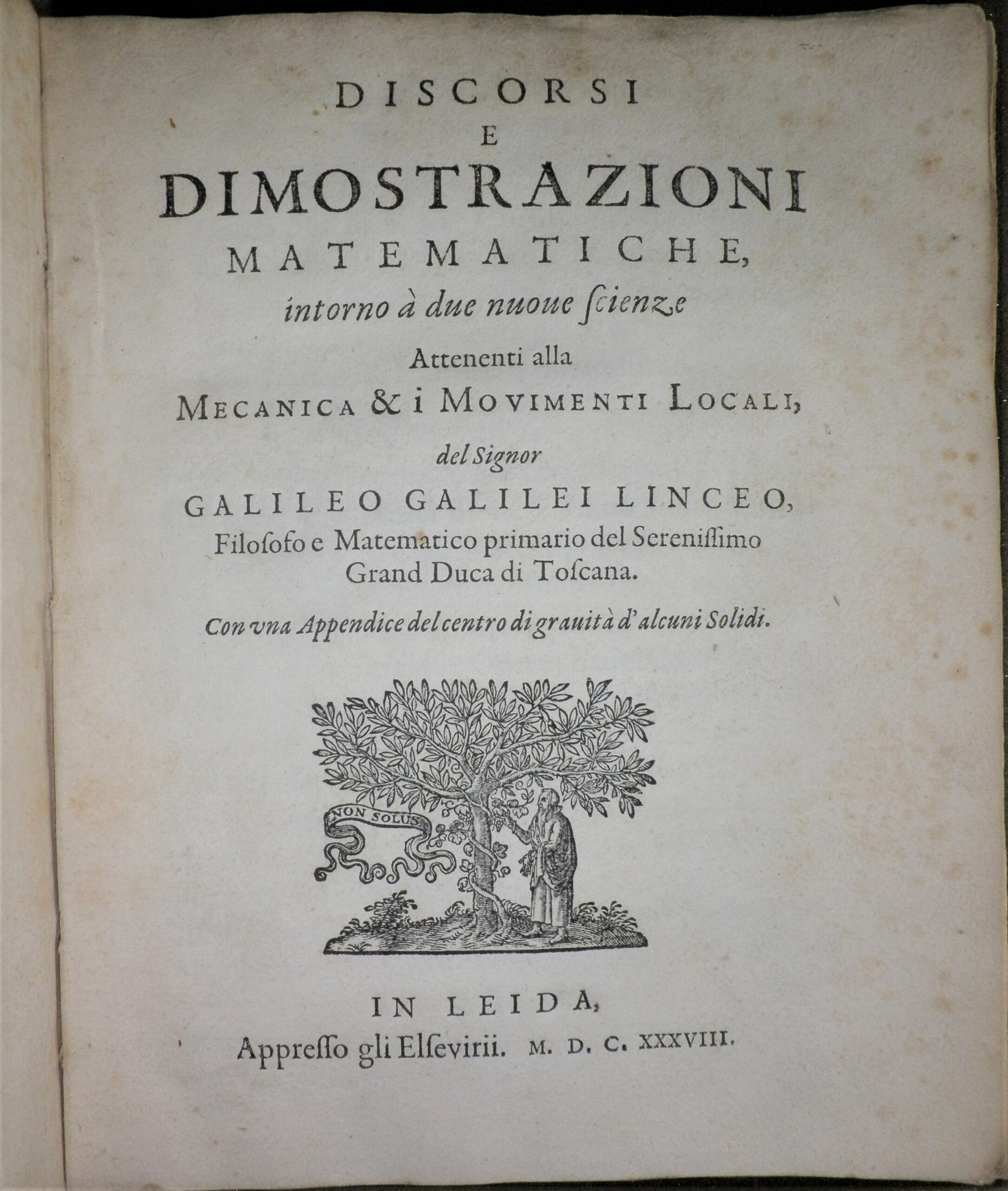 Title page of Galileo's Discorsi e dimostrazioni matematiche, intorno due nuove scienze attenenti alla mecanica & i movimenti locali.