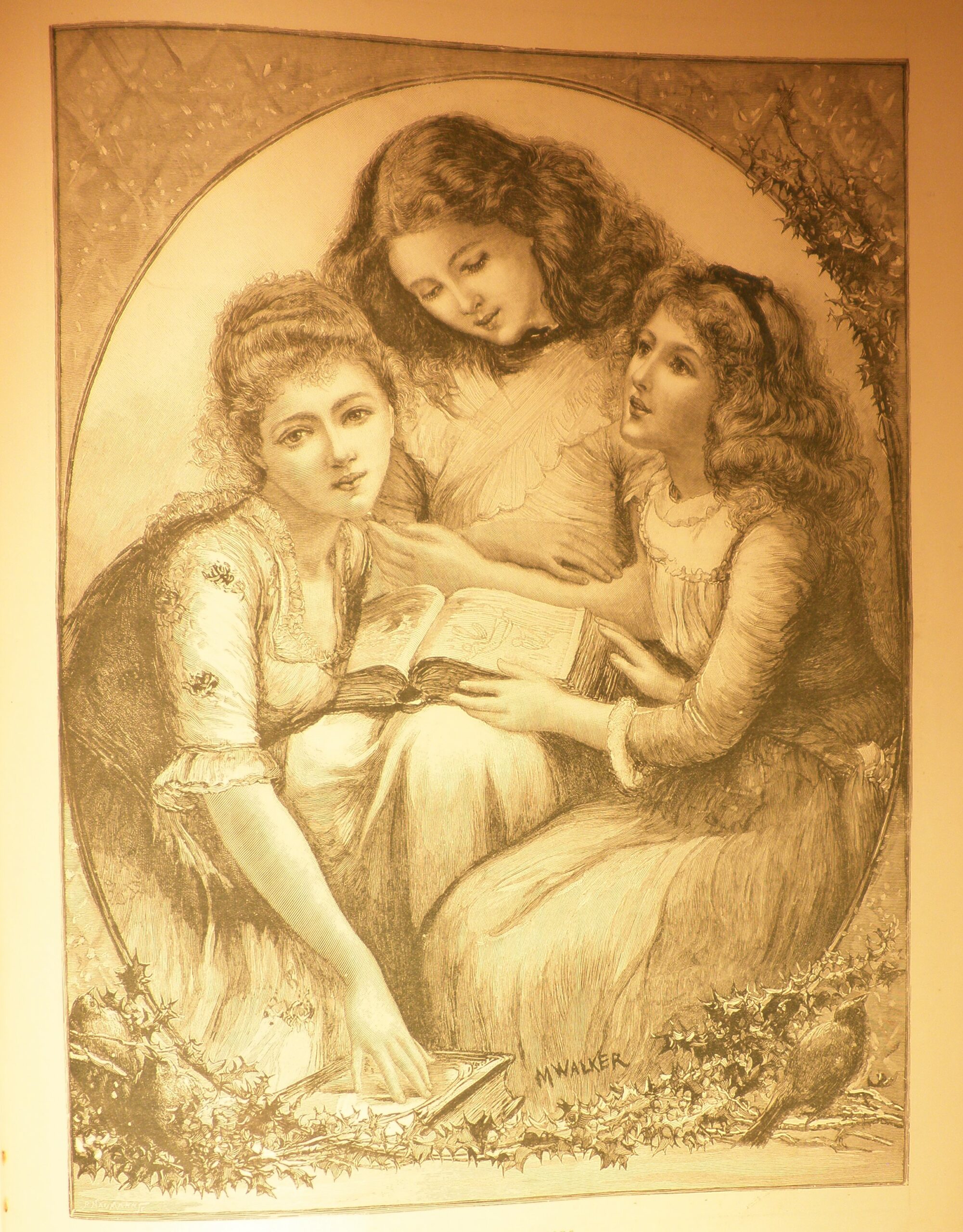 Engraved drawing of three girls around a book.