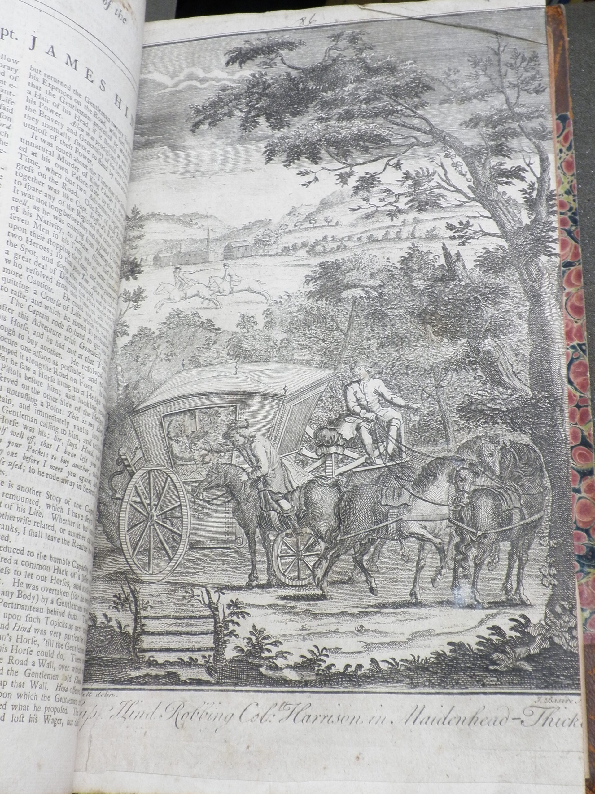 Black and white engraving of Captain Hind on horseback robbing a horse-drawn carriage.