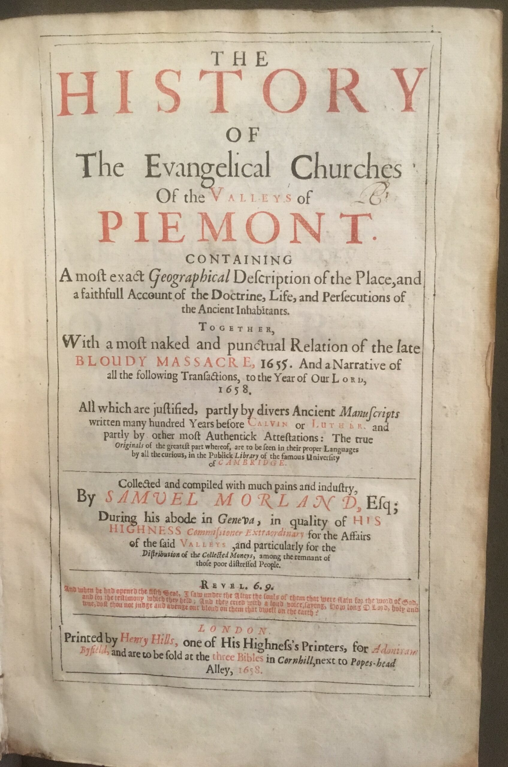 Title page of 'The History of the Evangelical Churches of the Valleys of Piemont'.