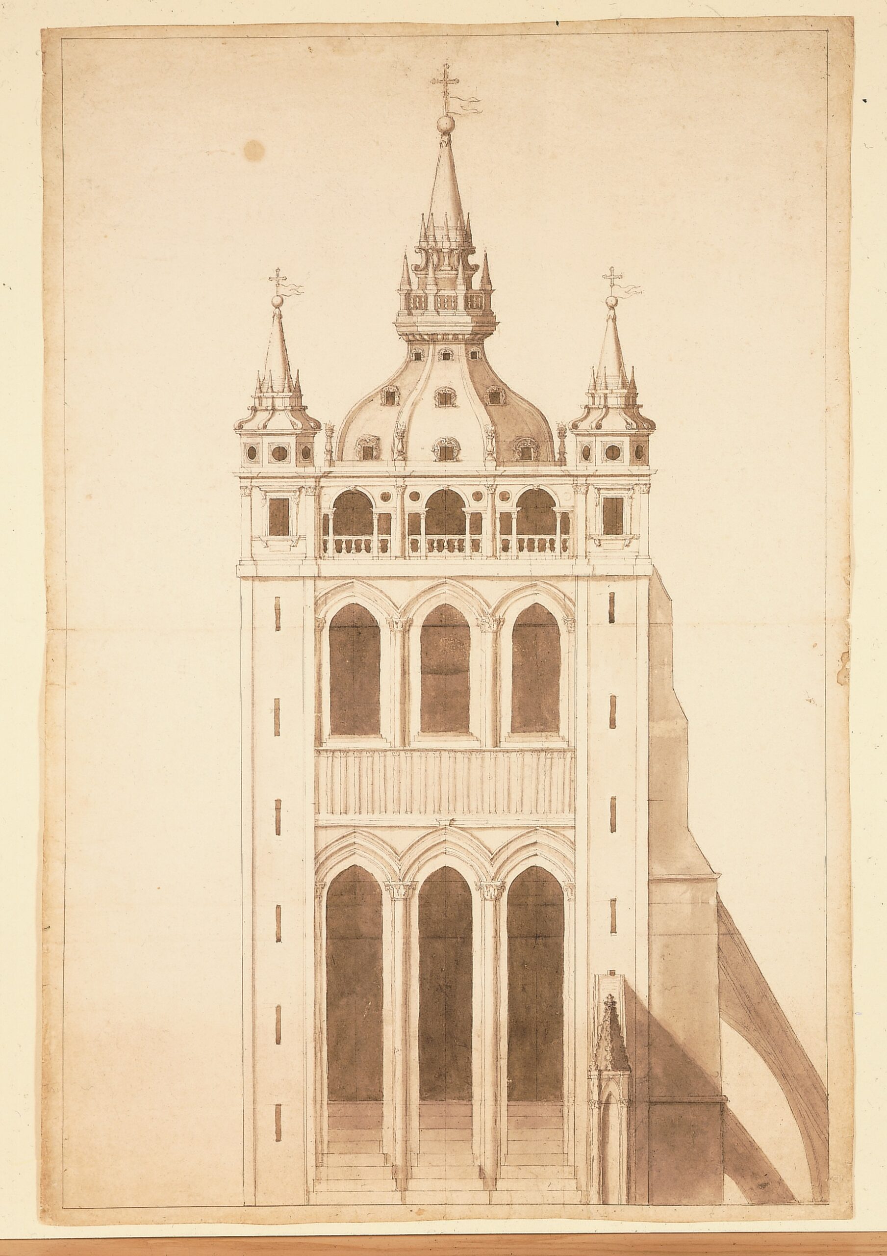 Architectural drawing of a design for the central tower of the old St Paul's Cathedral in London.