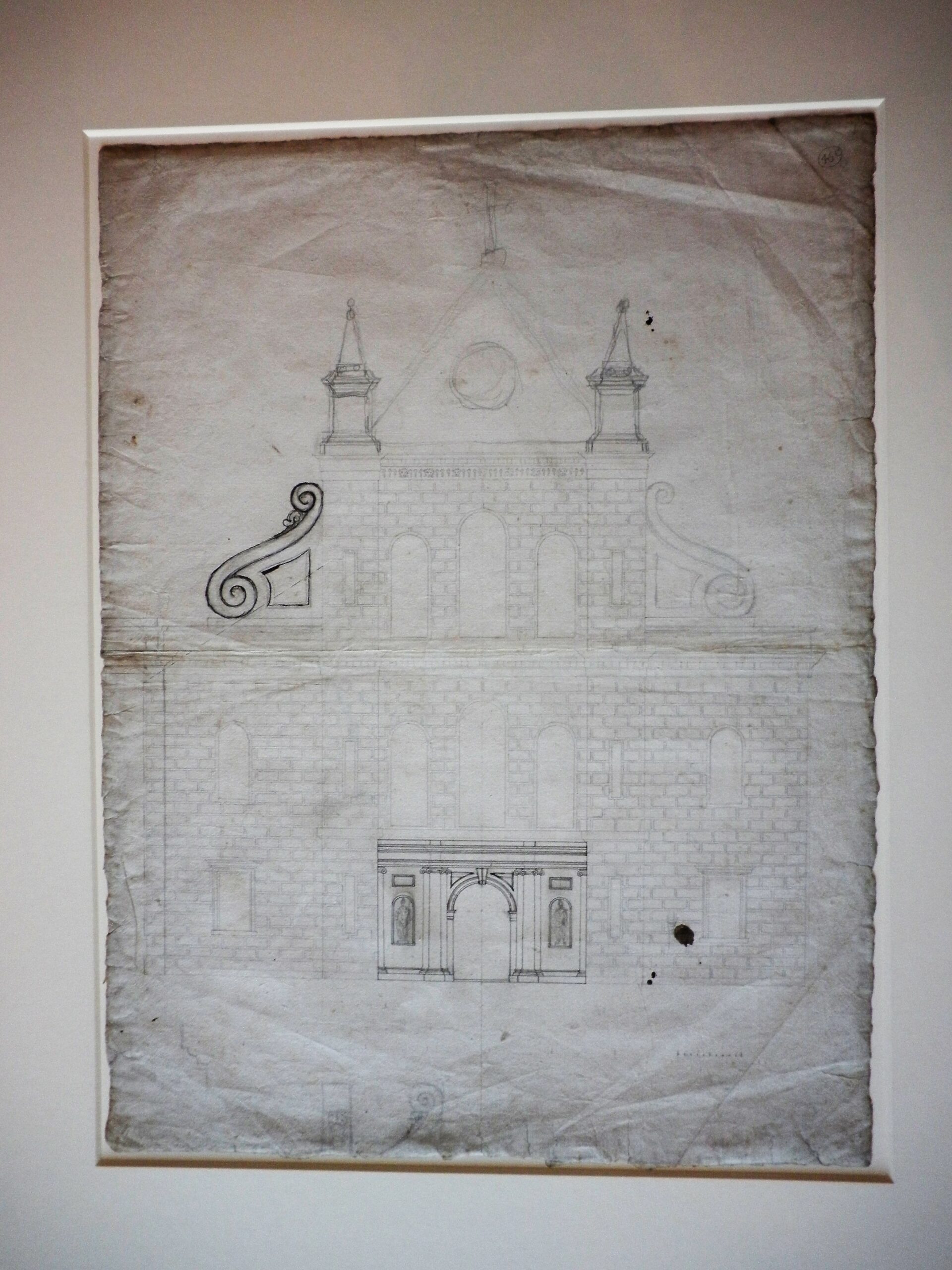Architectural drawing of a design for the north transept front of of St Paul's Cathedral. Some of the details are more distinct than others.