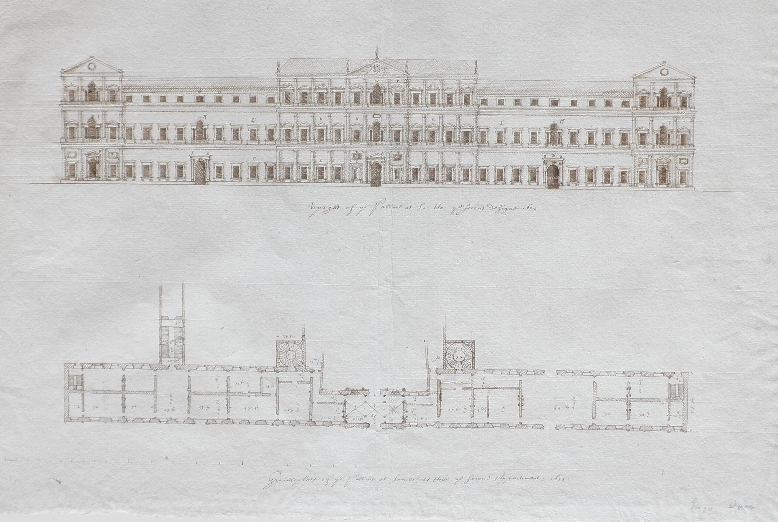 Architectural drawing and plan of the Strand wing of Somerset House.