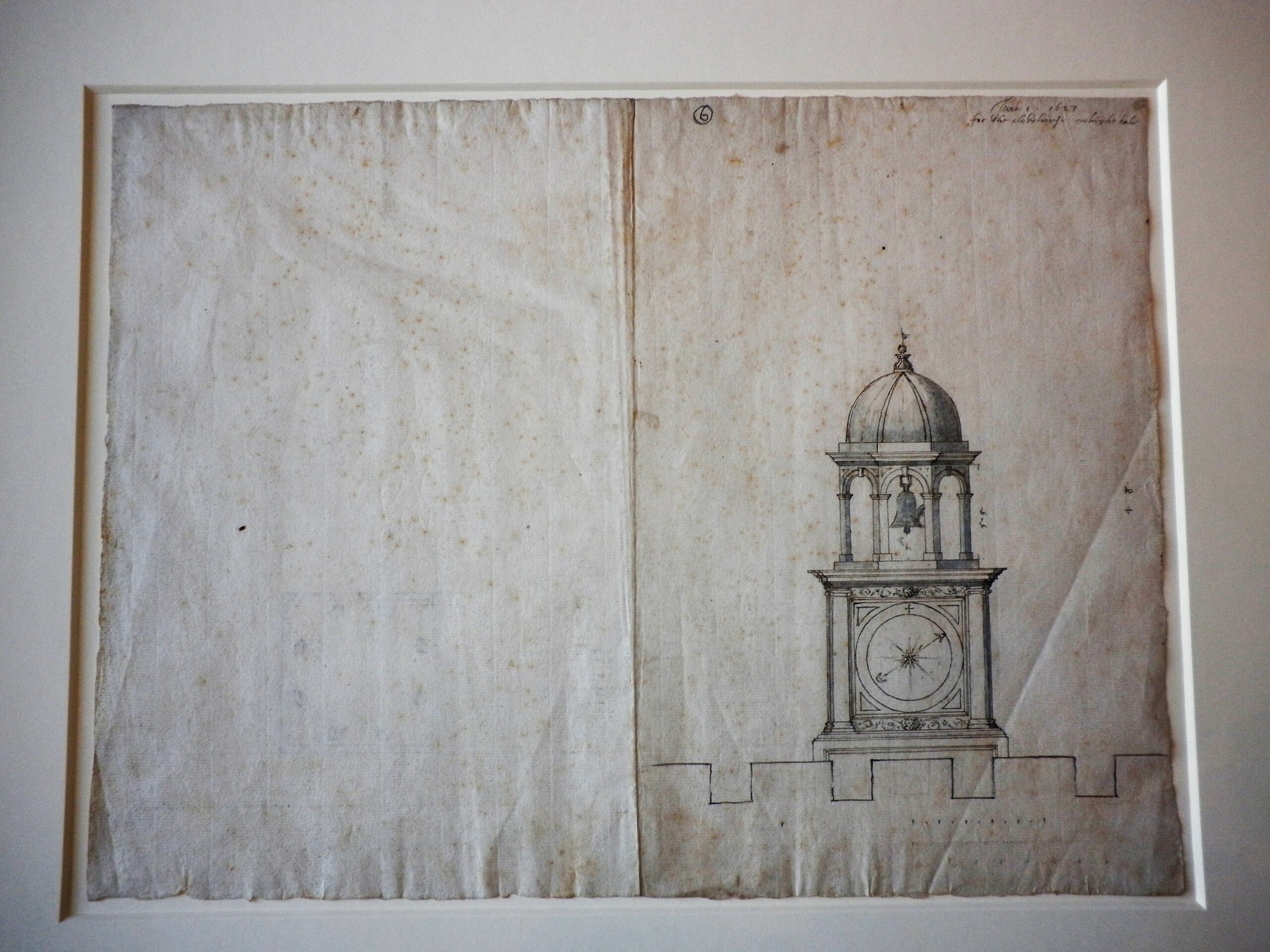 Architectural drawing of a design for the turret of a clock house for Whitehall Palace. The paper show signs of 'foxing' - mottled brown discolouration.