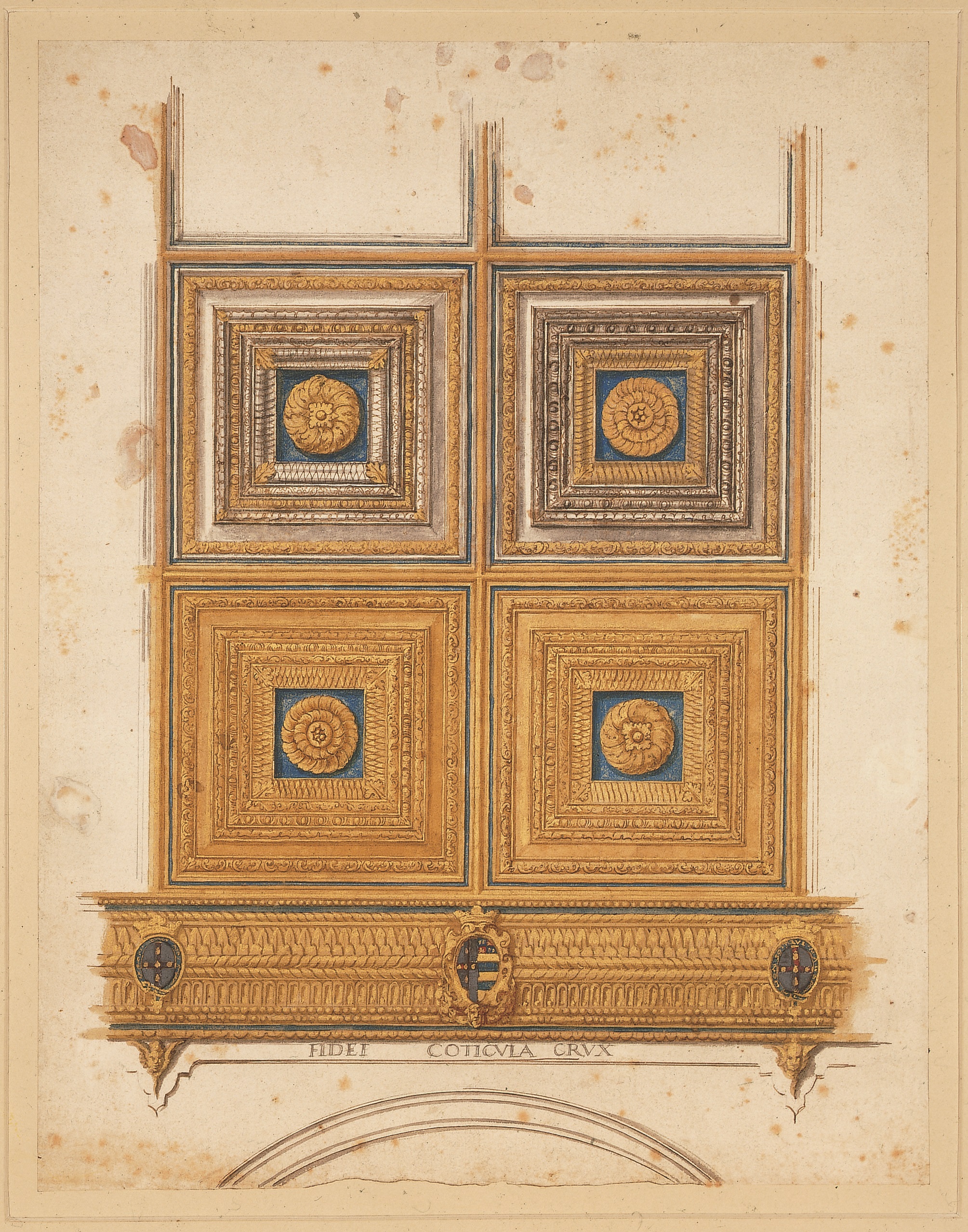A colour drawing of a design for a coffered ceiling.