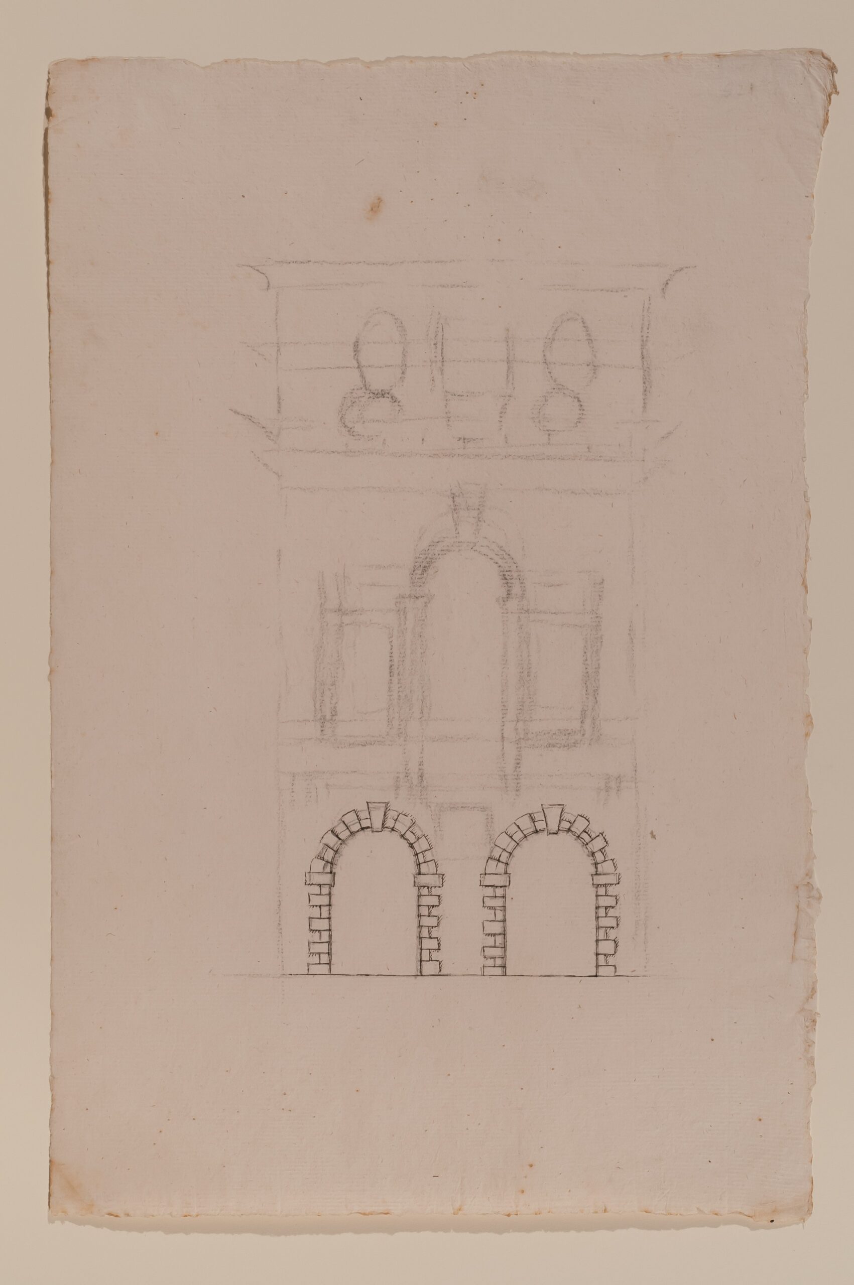 Architectural drawing of a design for a town facade. Parts of the drawing are less distinct.