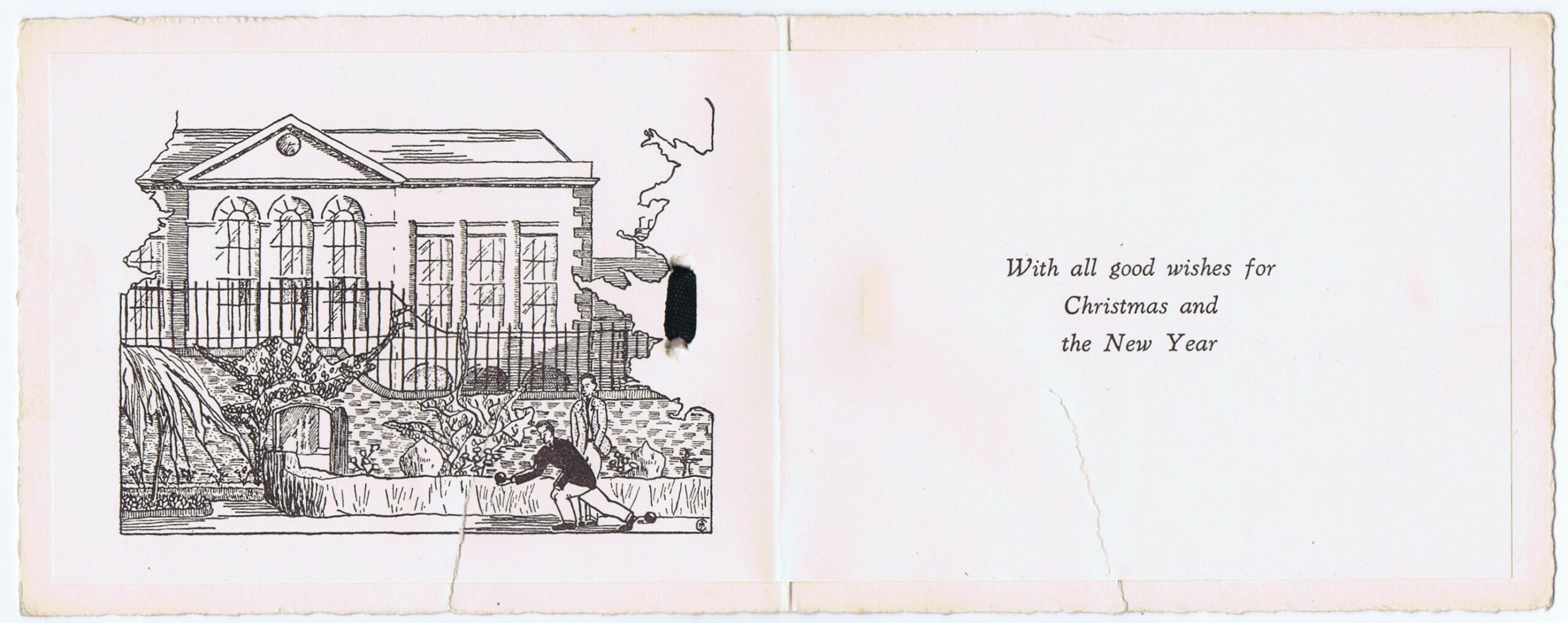 Interior of a card with Christmas wishes, and a line drawing of Worcester College Lodgings, with two students playing bowls on the lawn.