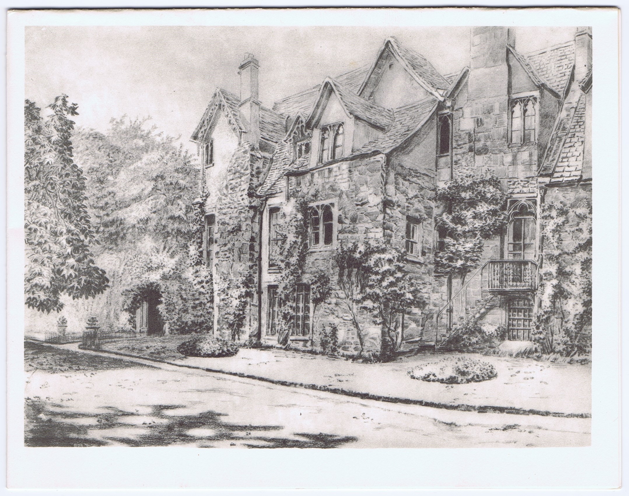 Black and white drawing of the medieval 'cottages' from behind. Parts of the stone are covered with trellised trees and ivy.