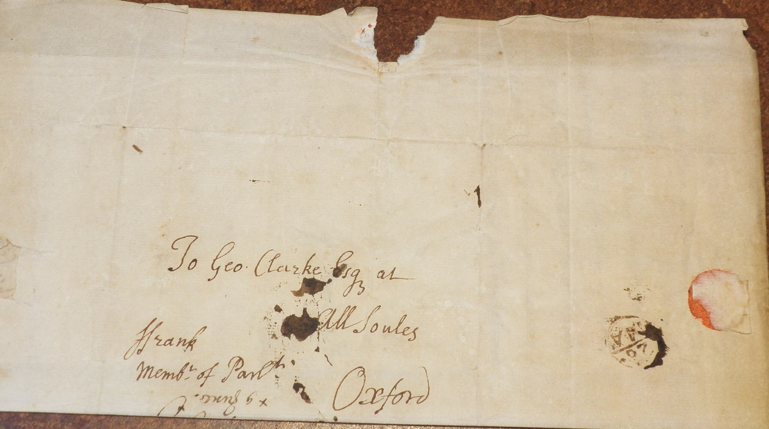 Outside of letter bearing George Clarke's address and a broken seal.