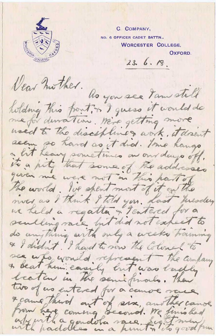 Photograph of page one of handwritten letter.