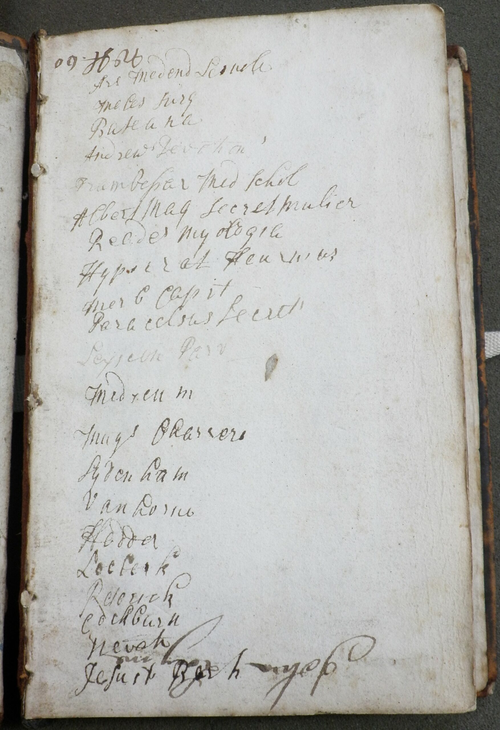 Flyleaf with manuscript list of names and titles.