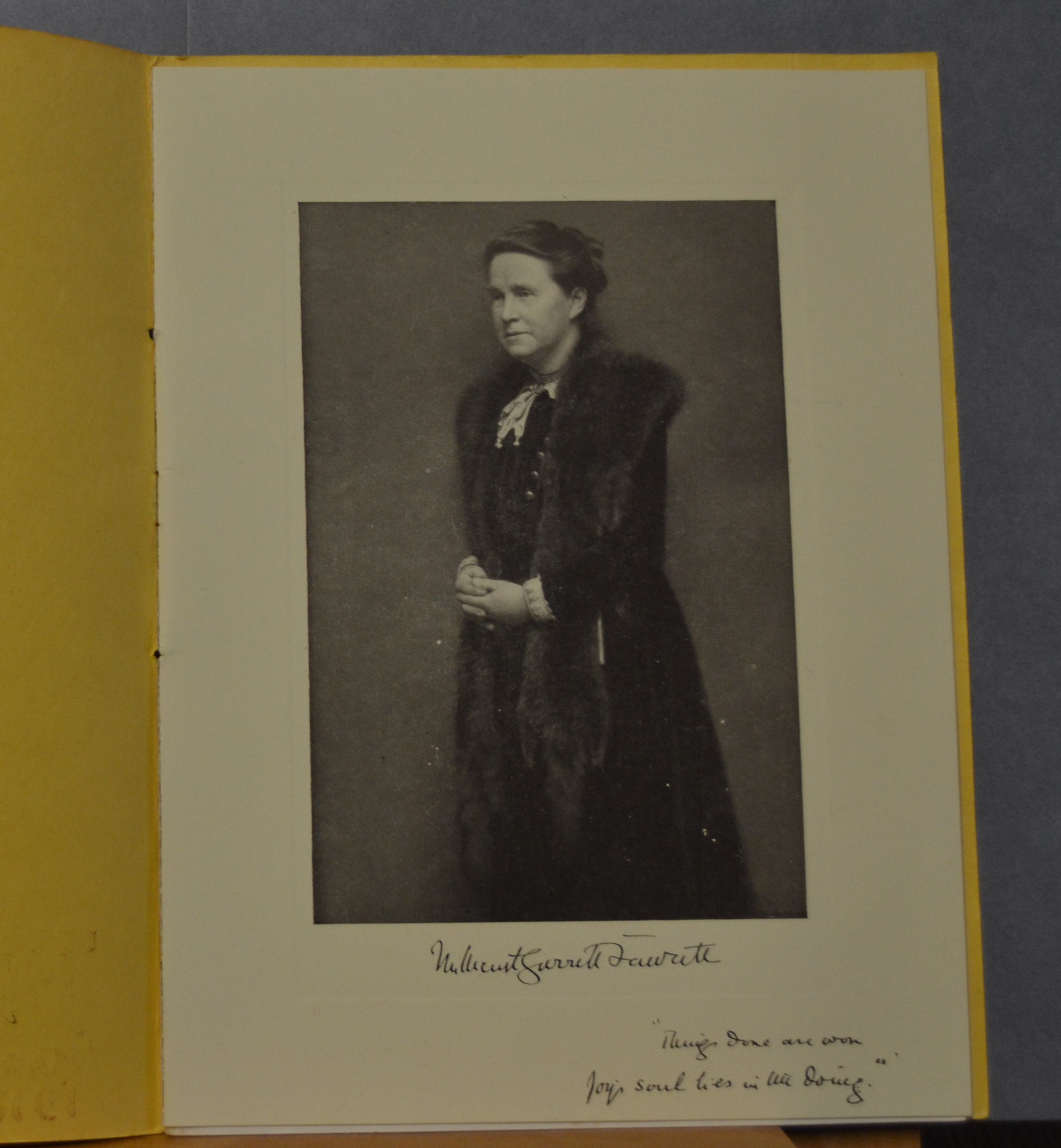 Black and white photograph of Millicent Fawcett from programme