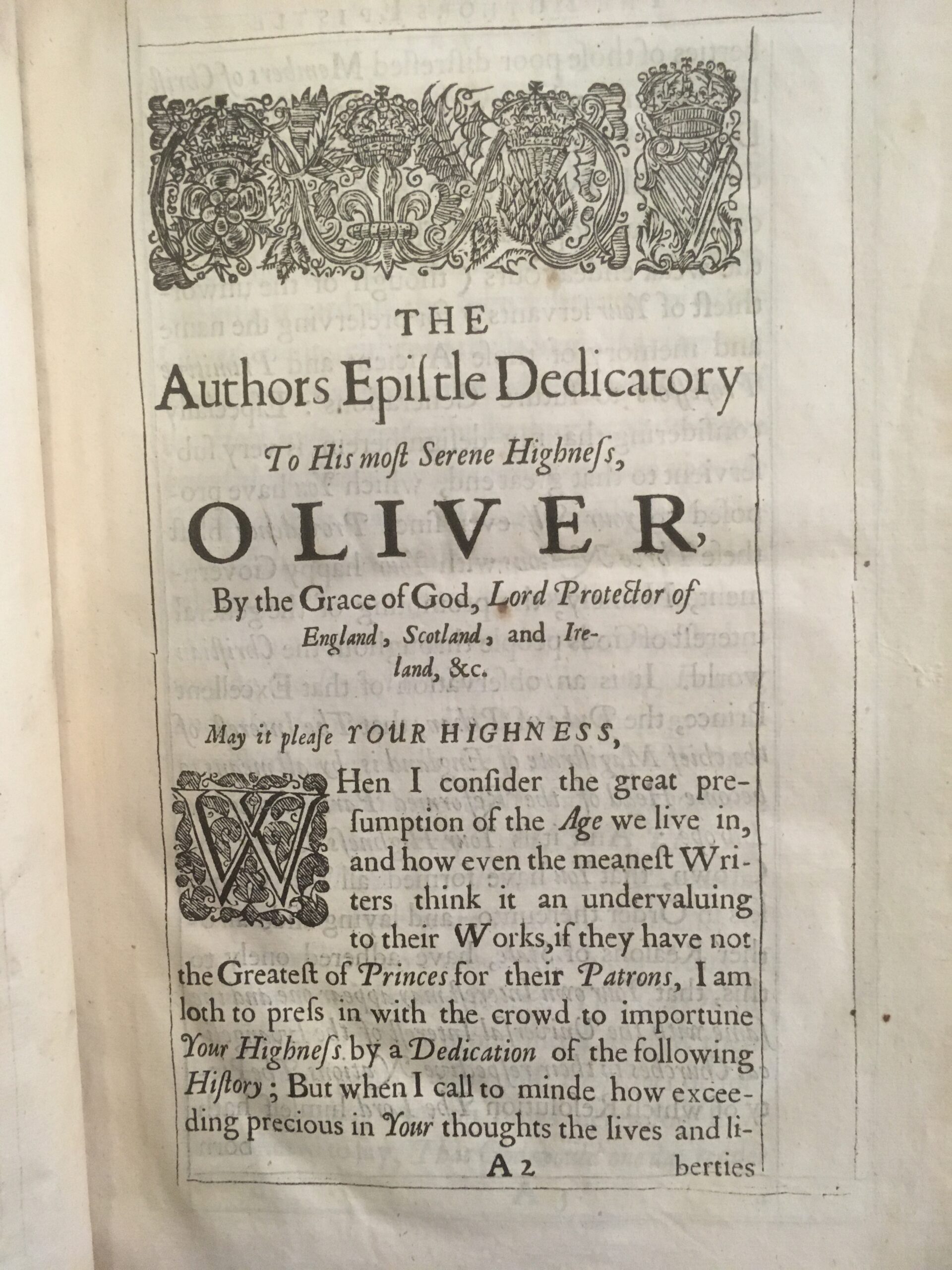 Dedication of above book to 'His most Serene Highness, Oliver'. The printer's ornament at the top of the page incorporates a rose, a thistle, and a harp.