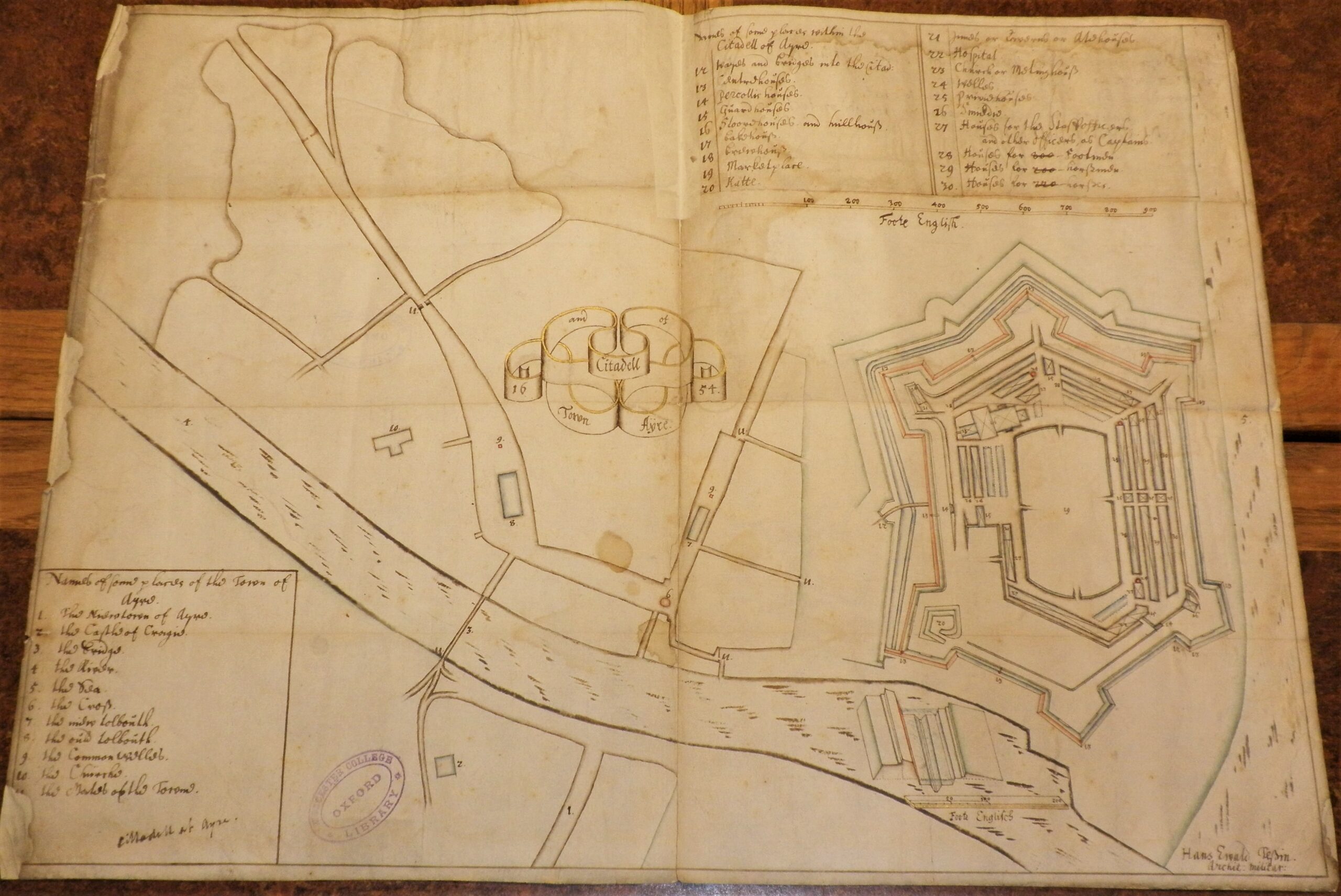 Hand drawn plan of Town and Citadell of Ayre, 1654, by Hans Ewald Tessin.