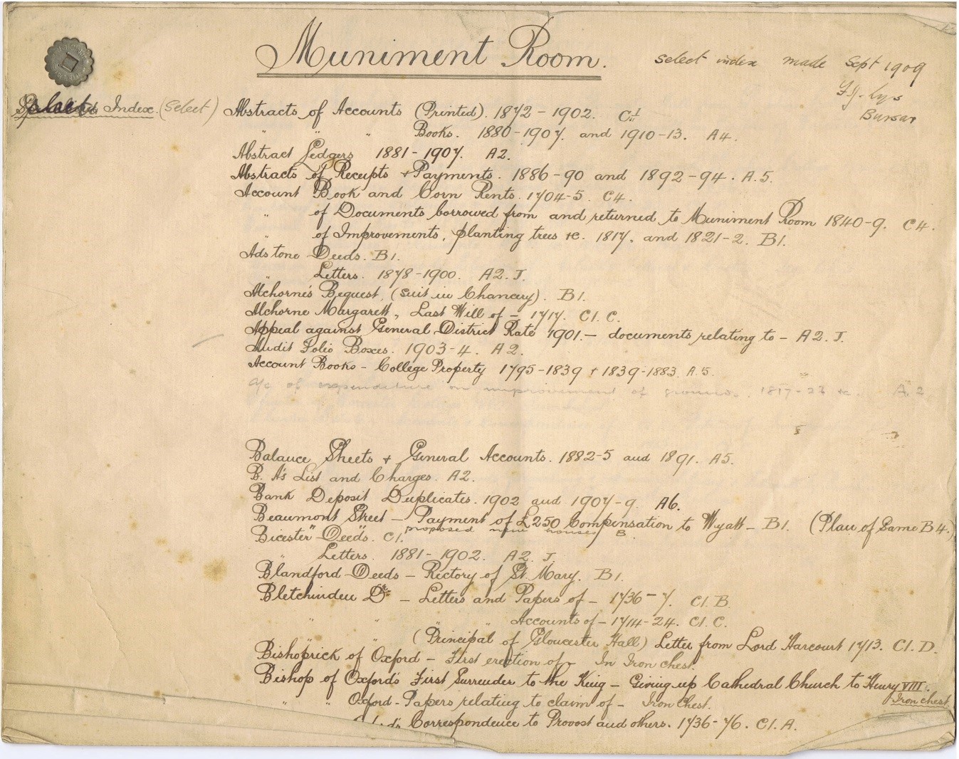 First page of the handwritten Muniment Room list.