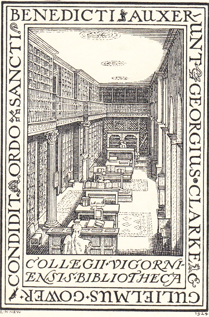 A black-and-white bookplate showing the early 20th-century Library interior, with text running around the outside.