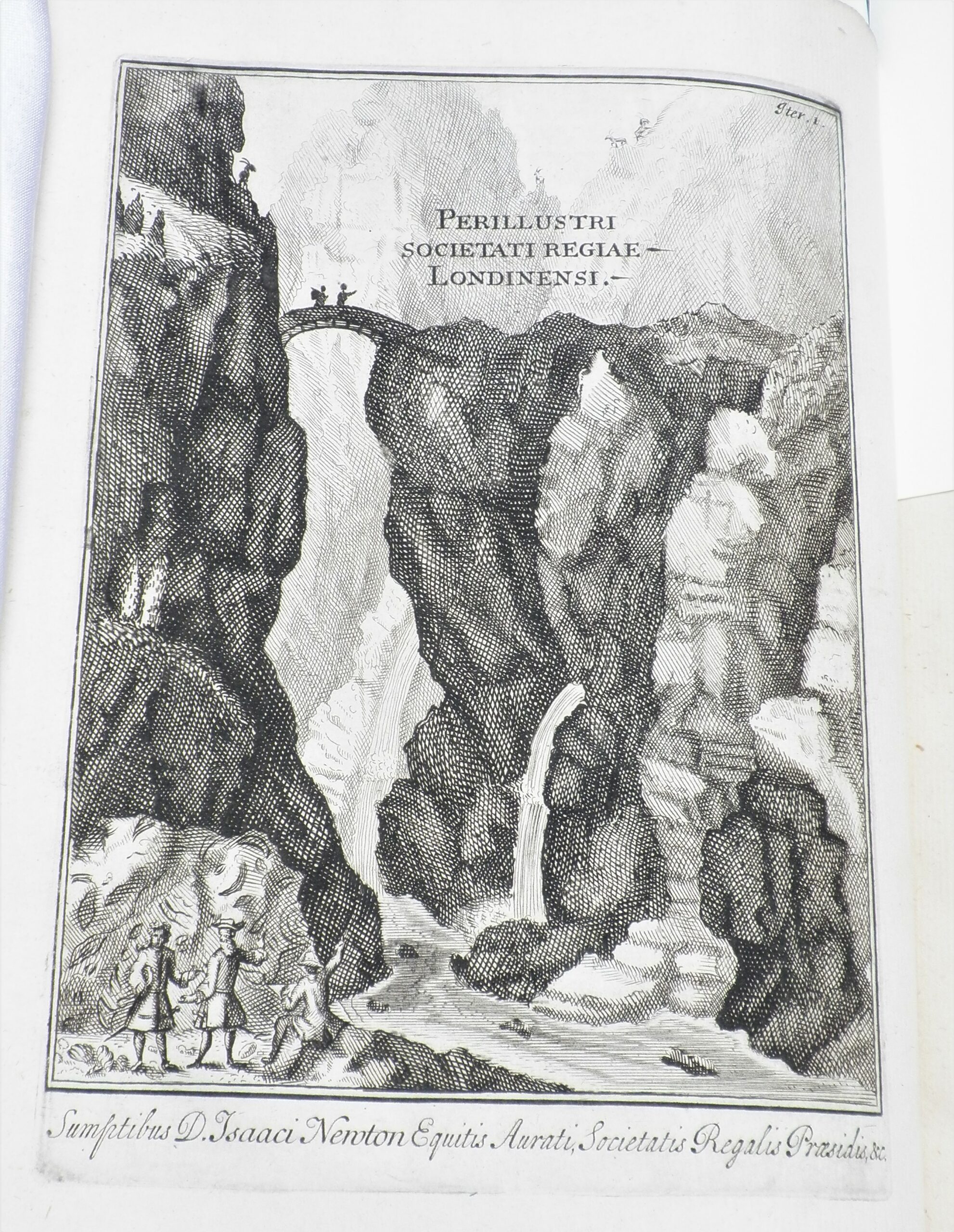 Black and white engraving of a dramatic gorge, with text 'perillustri societati regiae londinensi'.