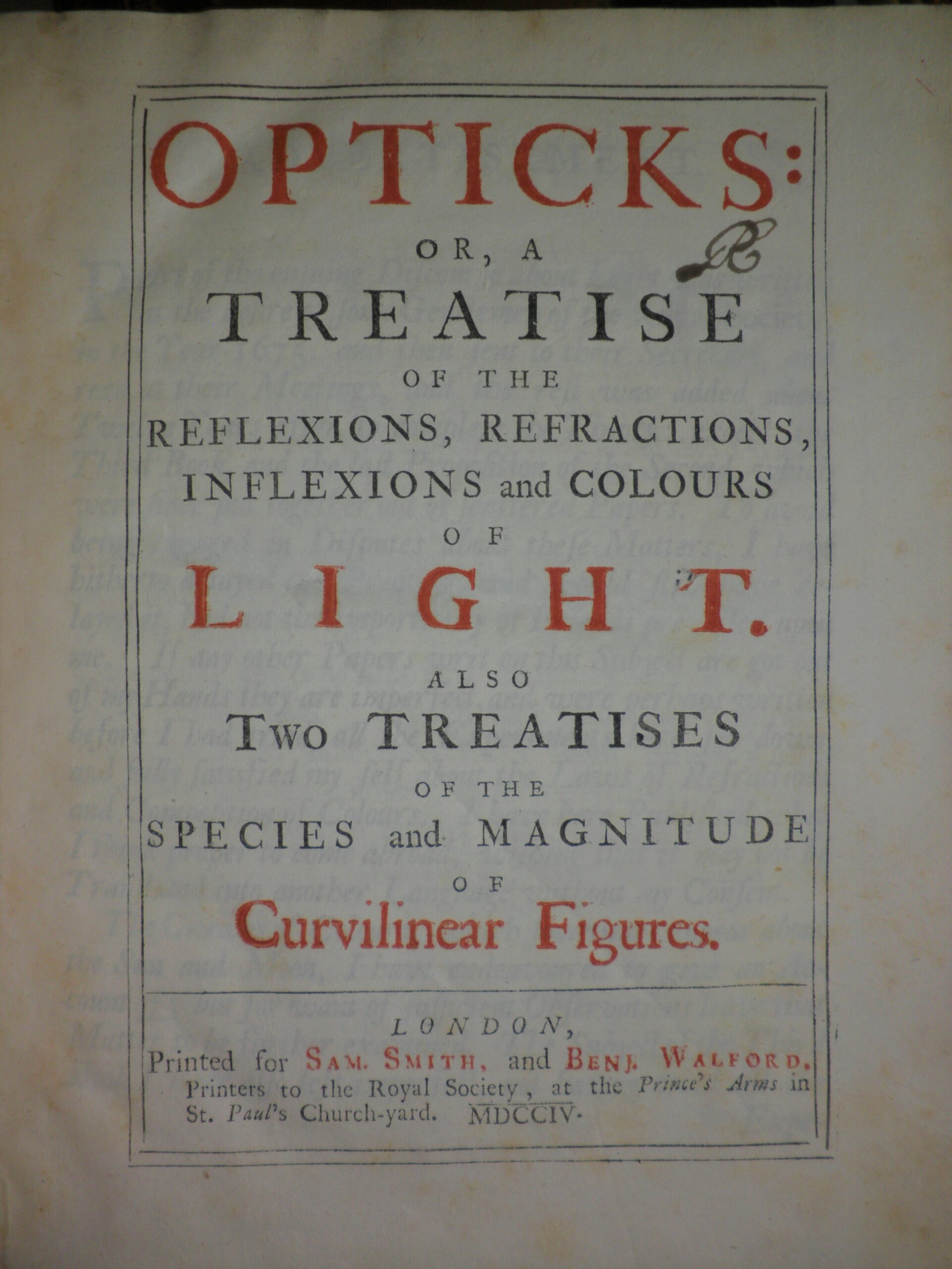 Image of the title page of Newton's Opticks, with George Clarke's monogram in ink.