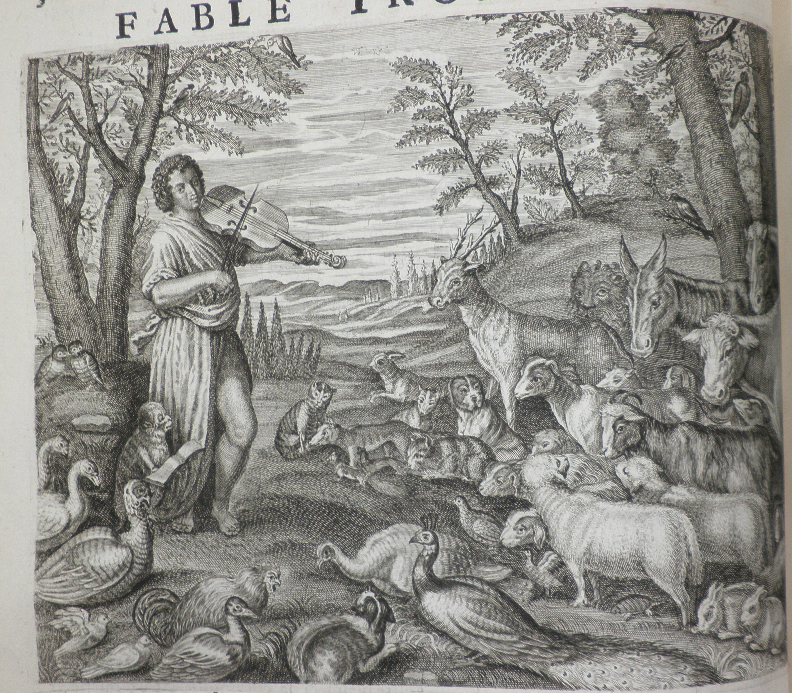 Black and white print of the story of Orpheus charming the animals.