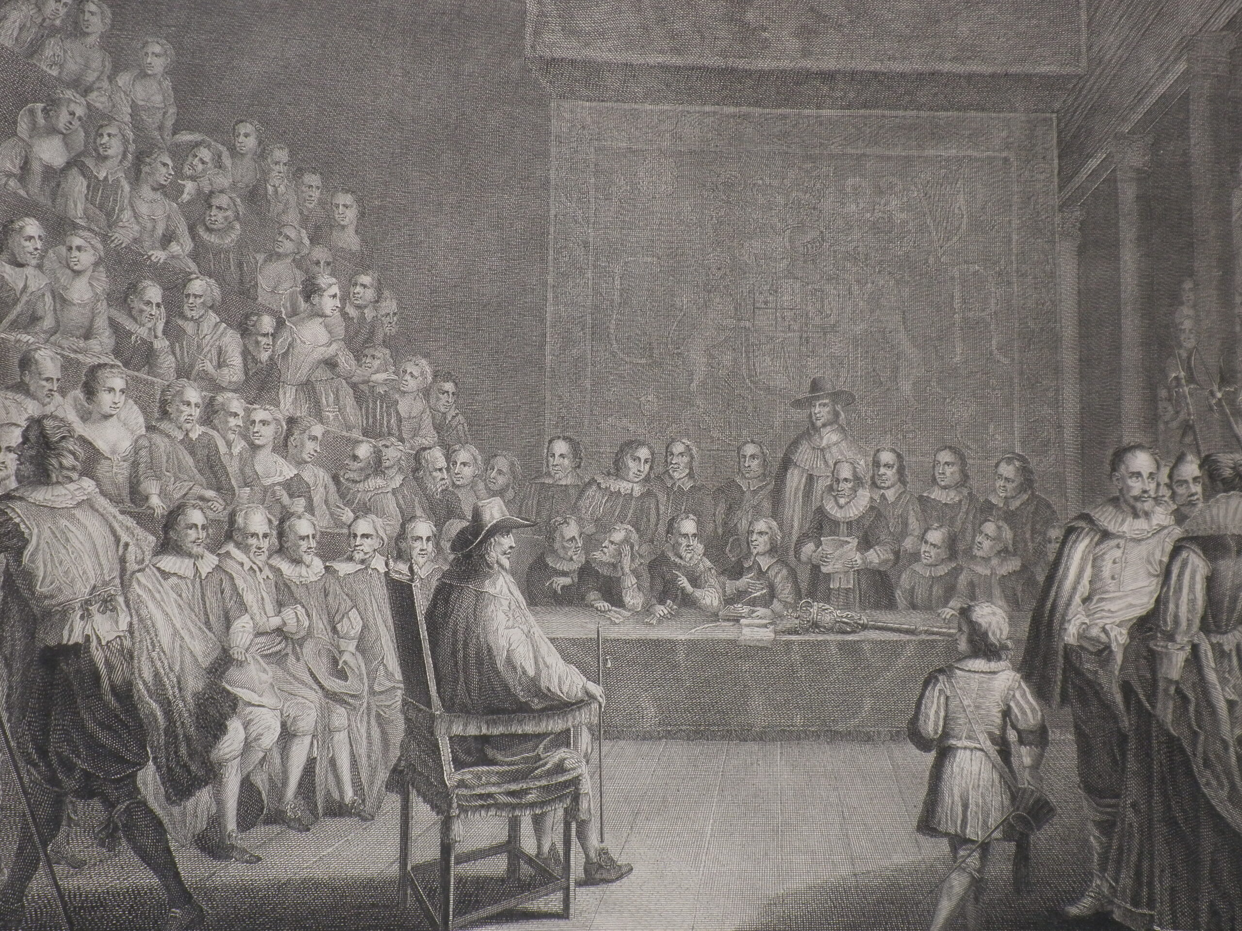 Engraving depicting the trial of Charles I. He sits in a chair in the centre of a crowded hall.