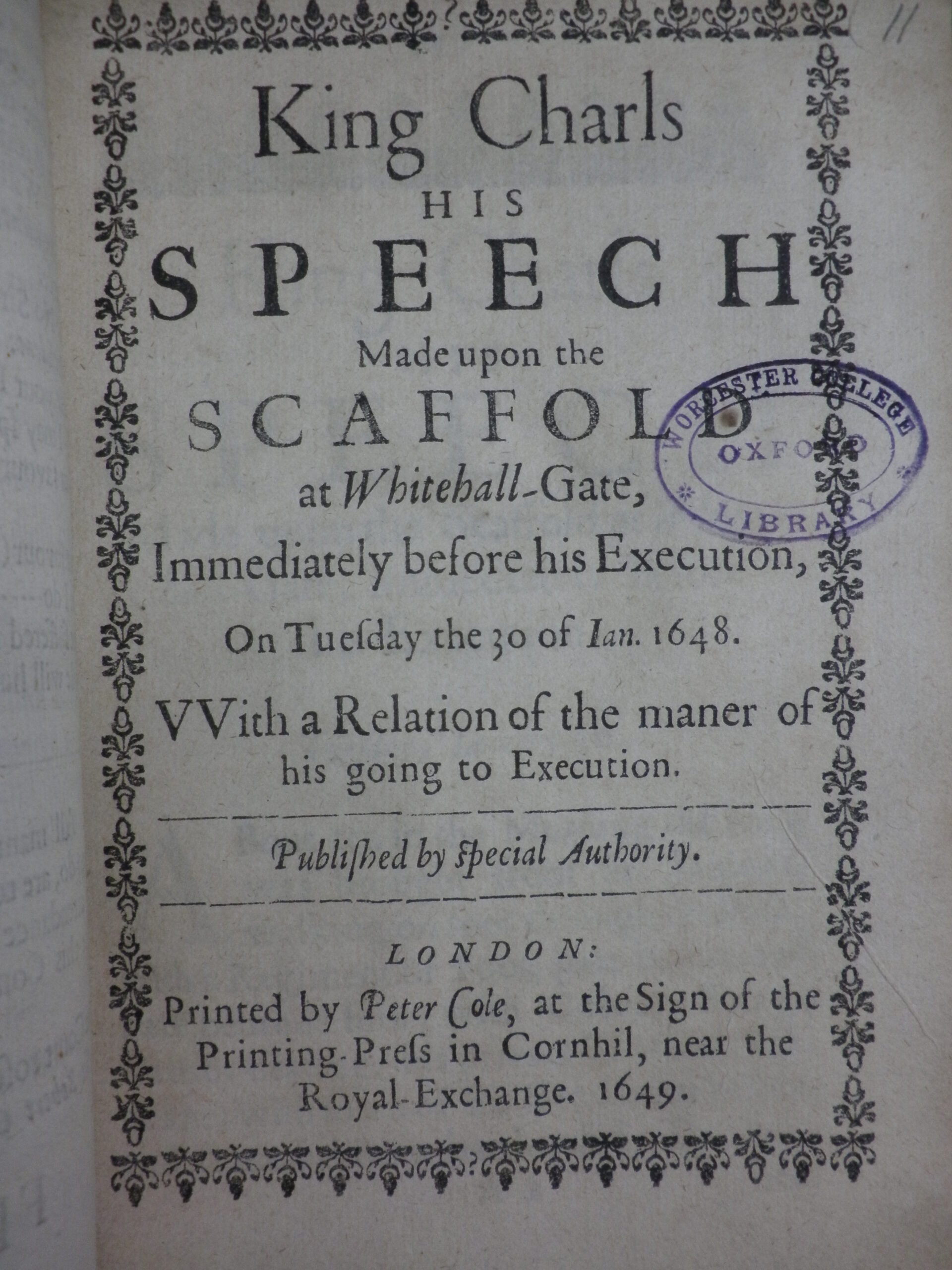 Title page of 'King Charls his speech made upon the scaffold'.
