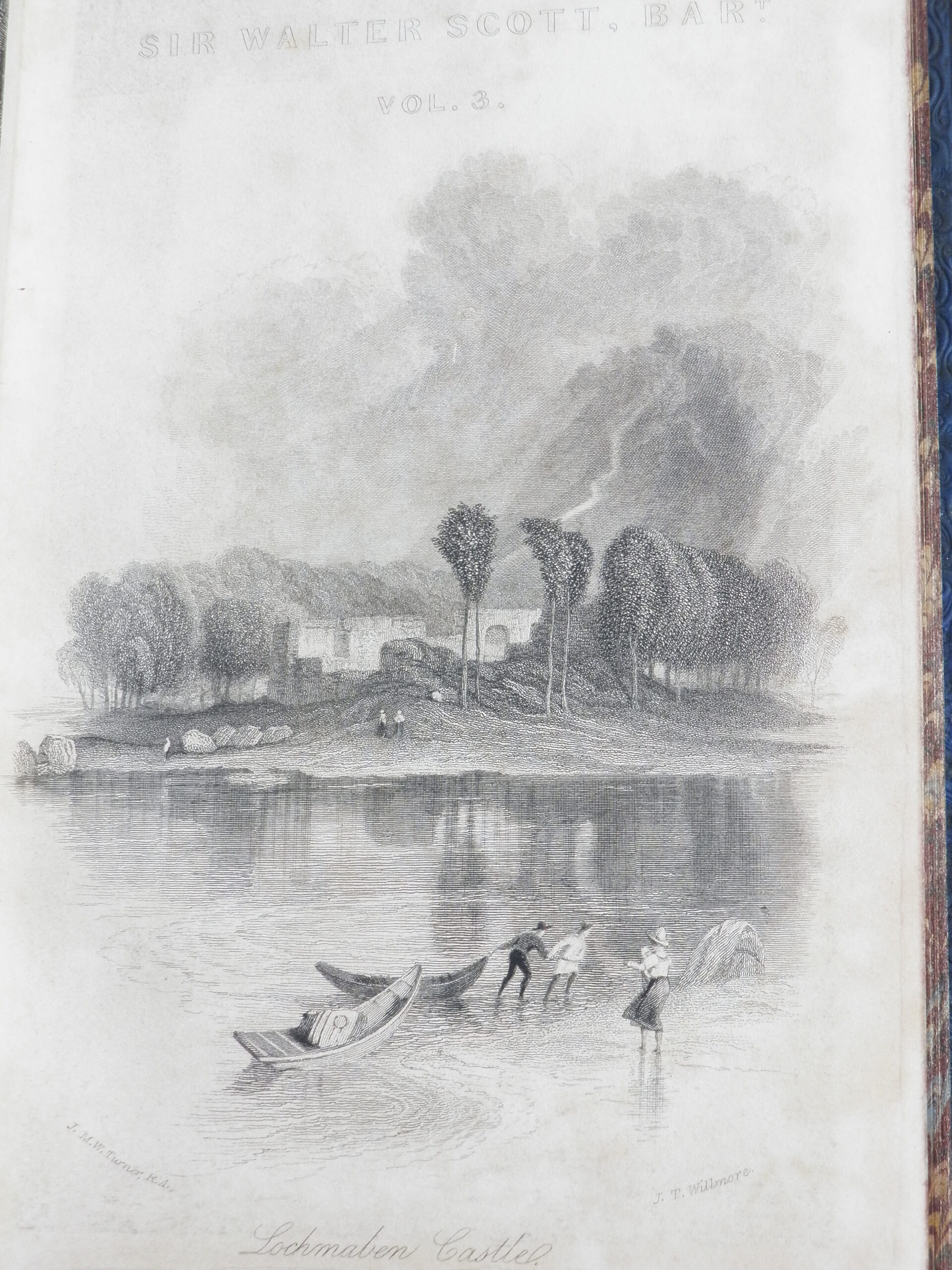 Black and white engraving of Lochmaben Castle. The castle is surrounded by a loch where figures are preparing to set out in canoes. 