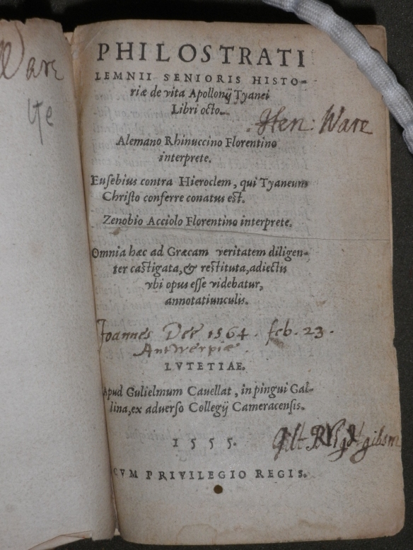 Title page of Philostratus' Life of Appollonius of Tyana with John Dee's inscription.