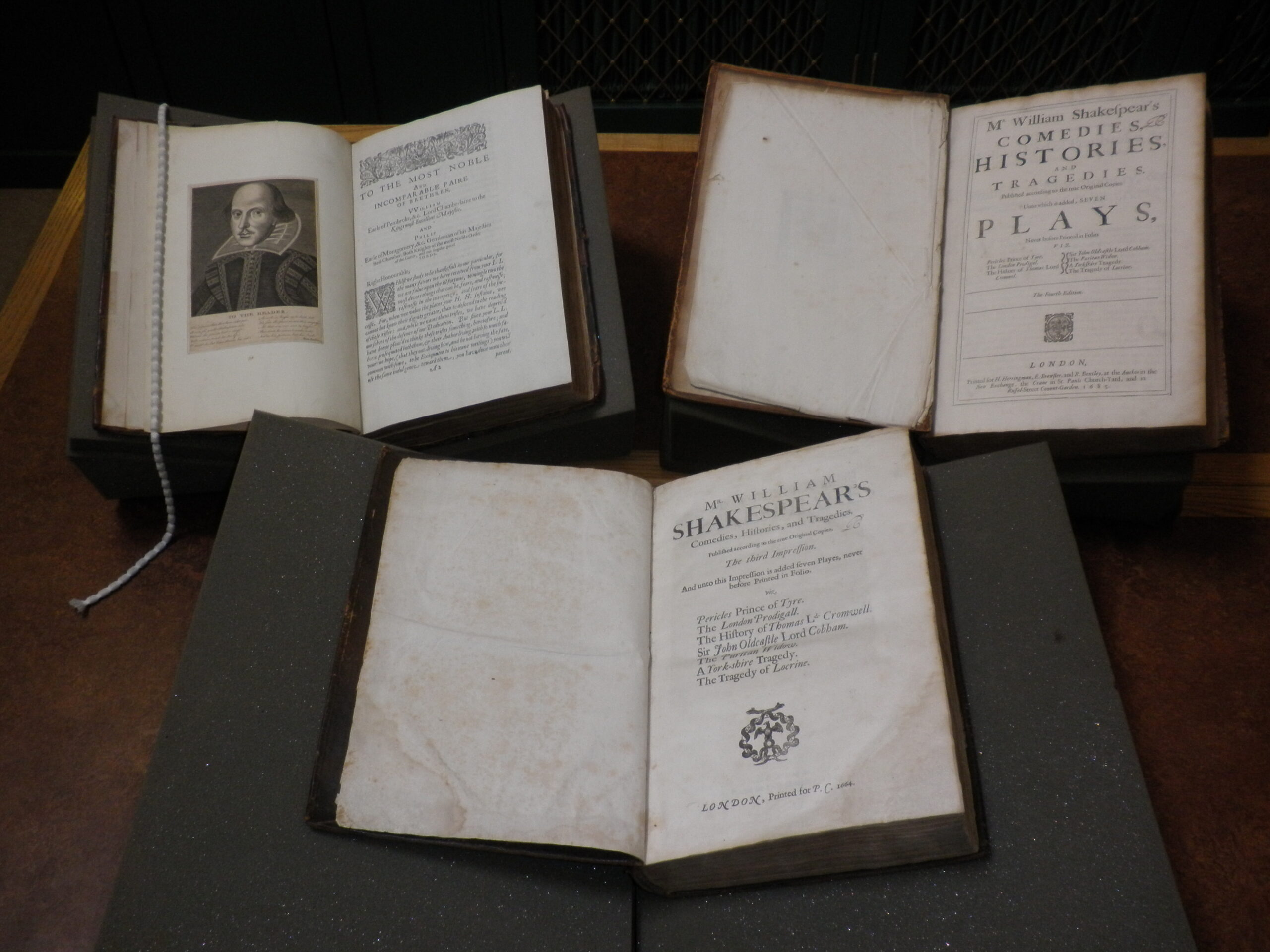 Colour photograph of Worcester's copies of the second, third, and fourth folios.