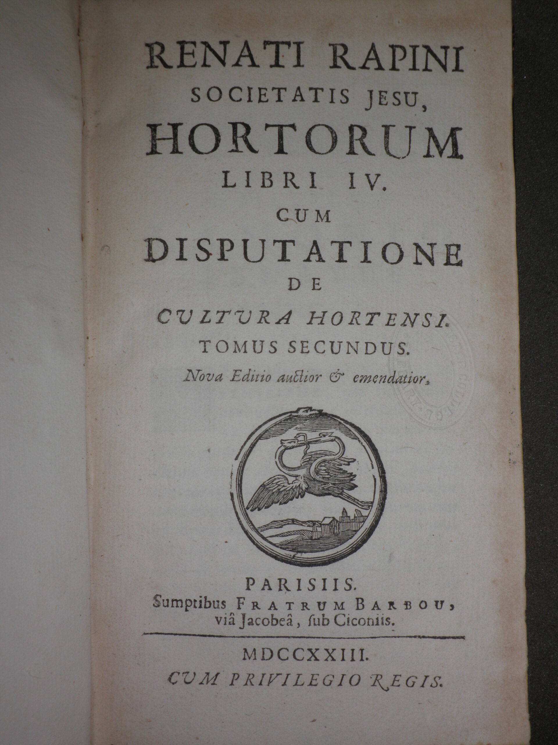 Title page of Latin edition of Rapin's 'Of gardens'.