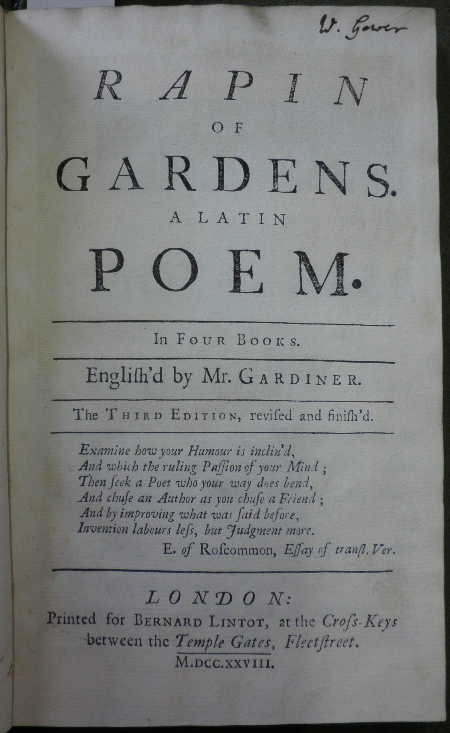 Title page of Rapin's 'Of gardens', with 'W. Gower' written in ink on the top right corner.