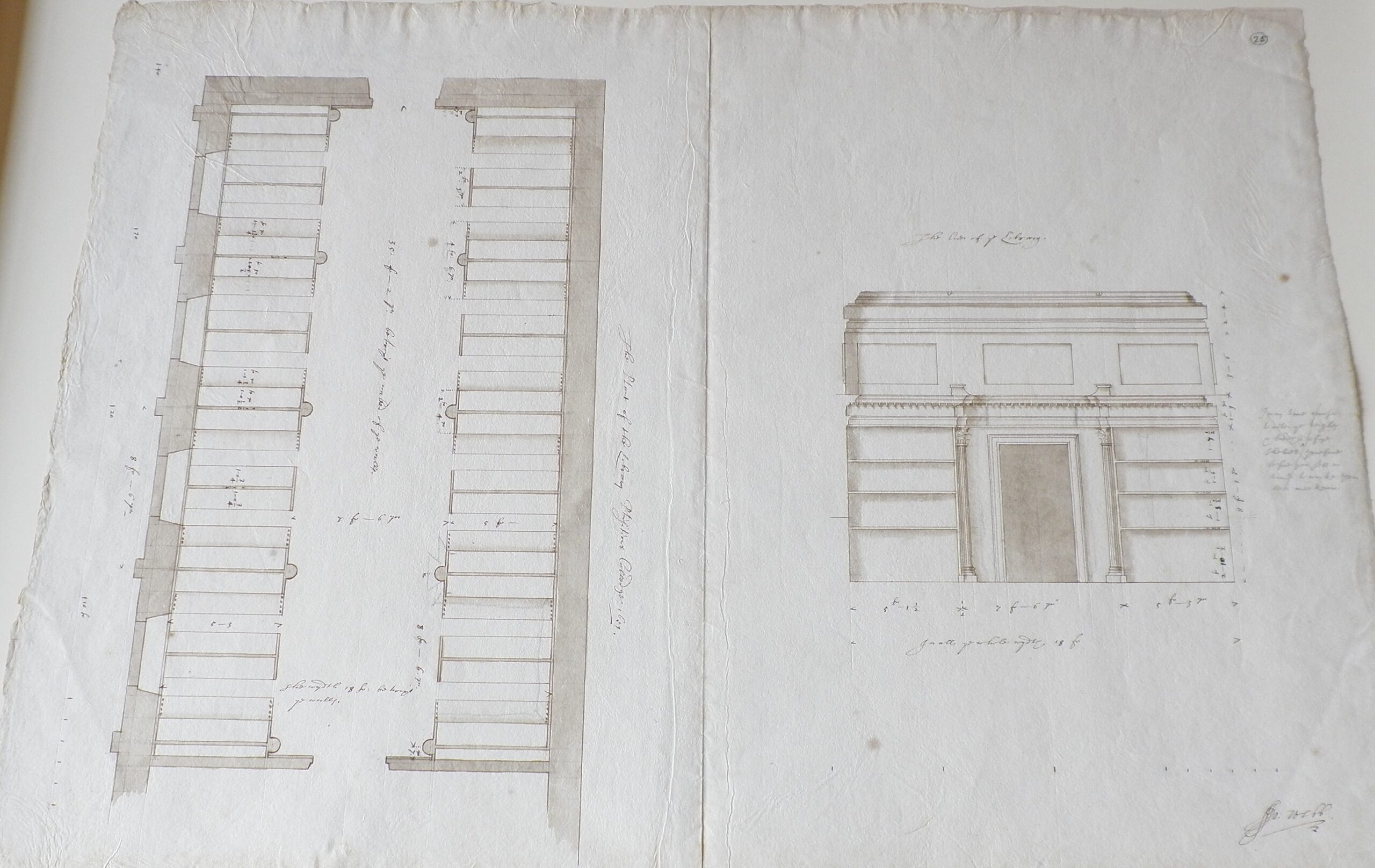 Architectural drawing: Webb's design for Library, plan and elevation of end wall.