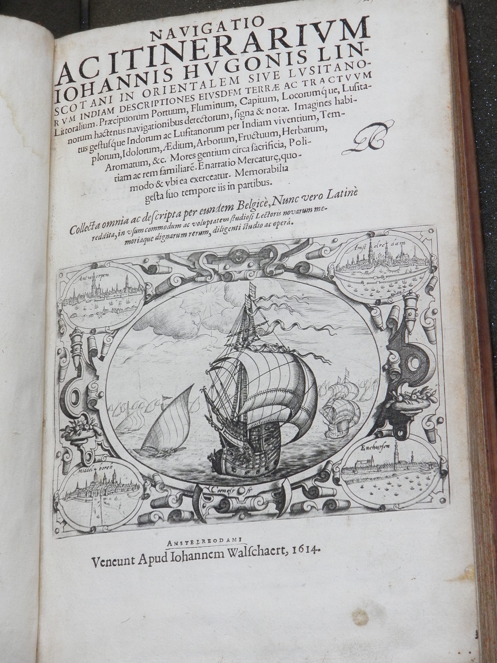 Title page of 'Discours of Voyages into the Easte and West Indies'. Illustrated with an engraving of a fleet of ships.