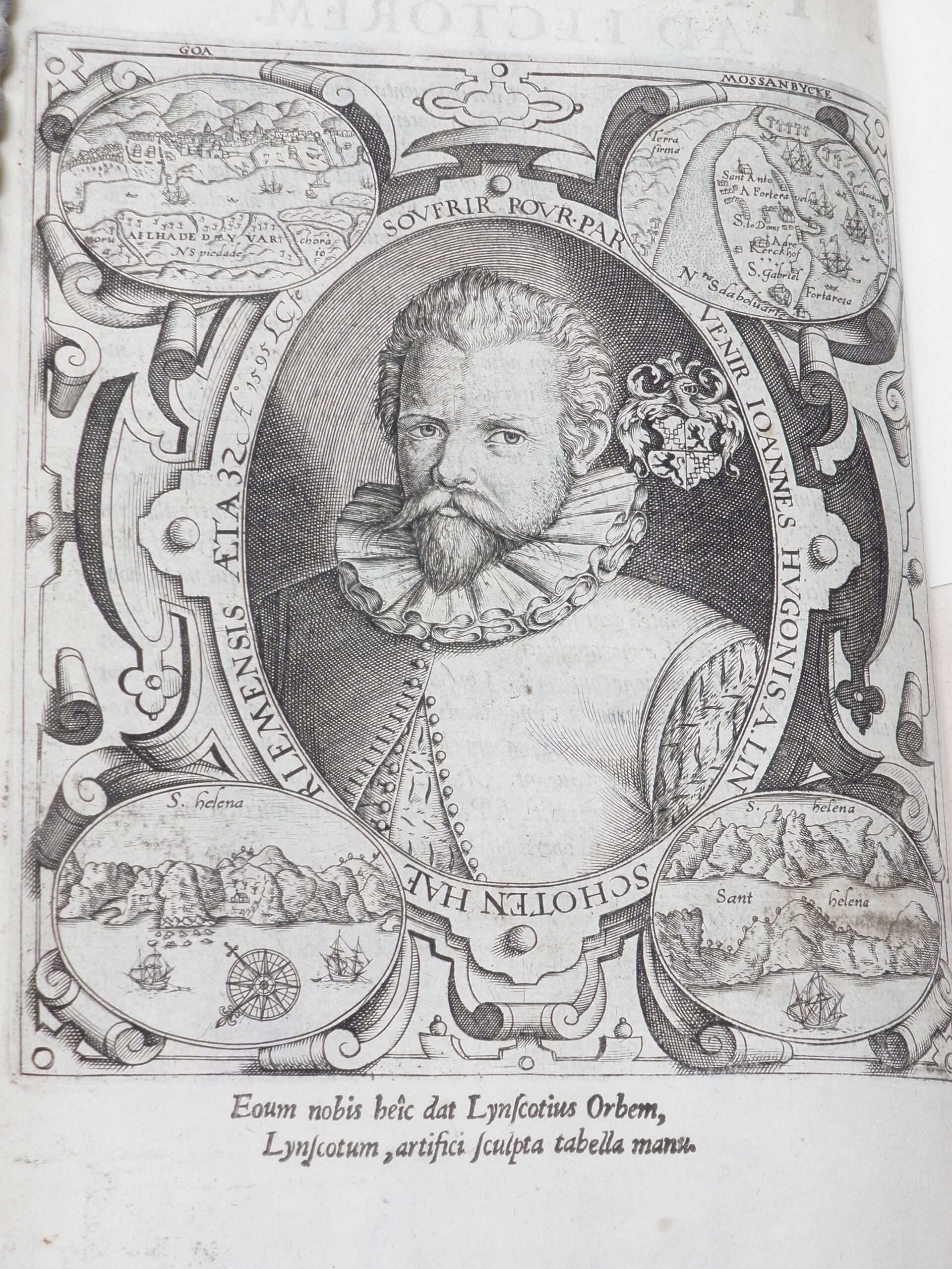 Engraved portrait of Jan Huygen van Linschoten. Small images of his travels surround the portrait.