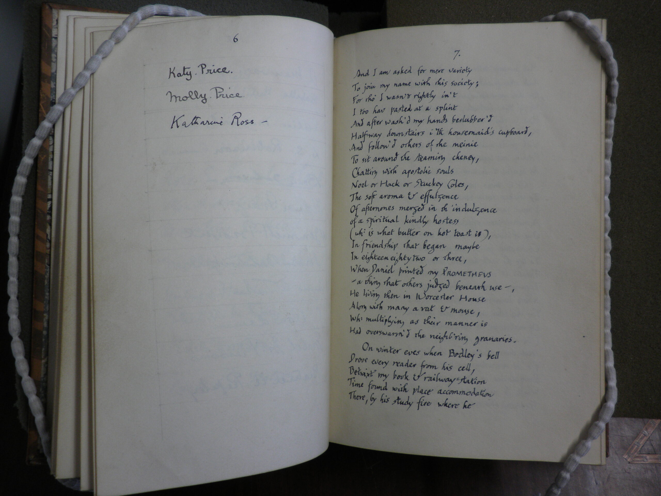 Image of manuscript pages from Emily Daniel's book, showing several donor names on one page and Robert Bridges' poem on the other.