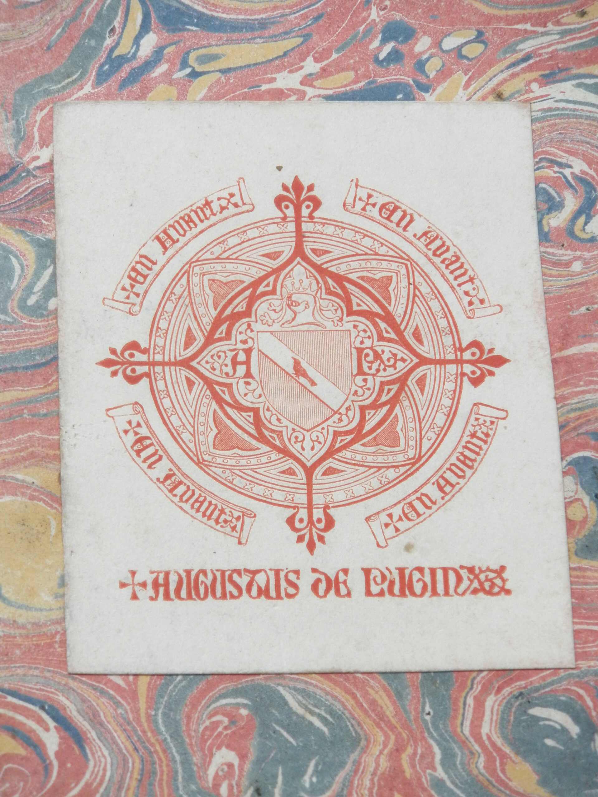 Pugin's bookplate, with heraldic crest.