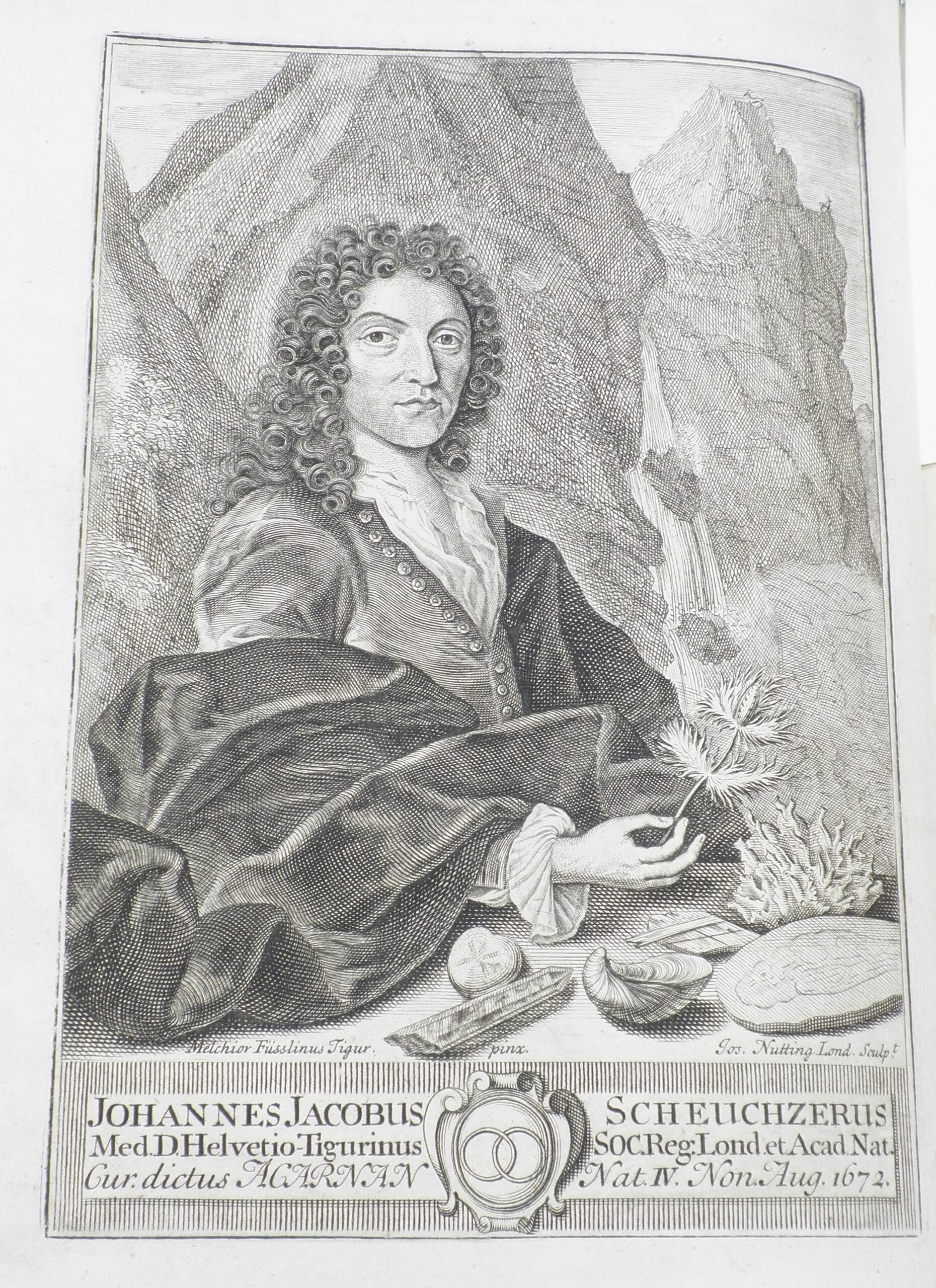 Engraved portrait of Johann Jakob Scheuchzer. There are mountains in the background and a selection of natural objects in front of him.