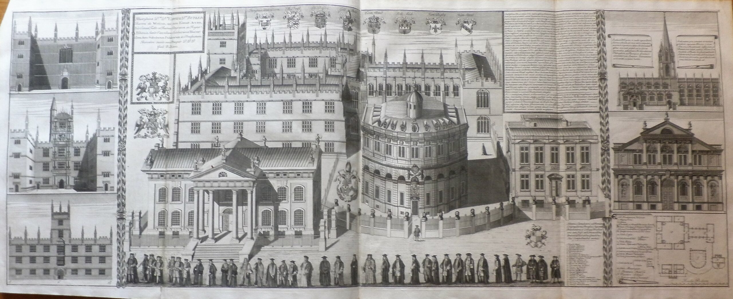 Black and white print of the Sheldonian Theatre and the Bodleian Library, 1733.