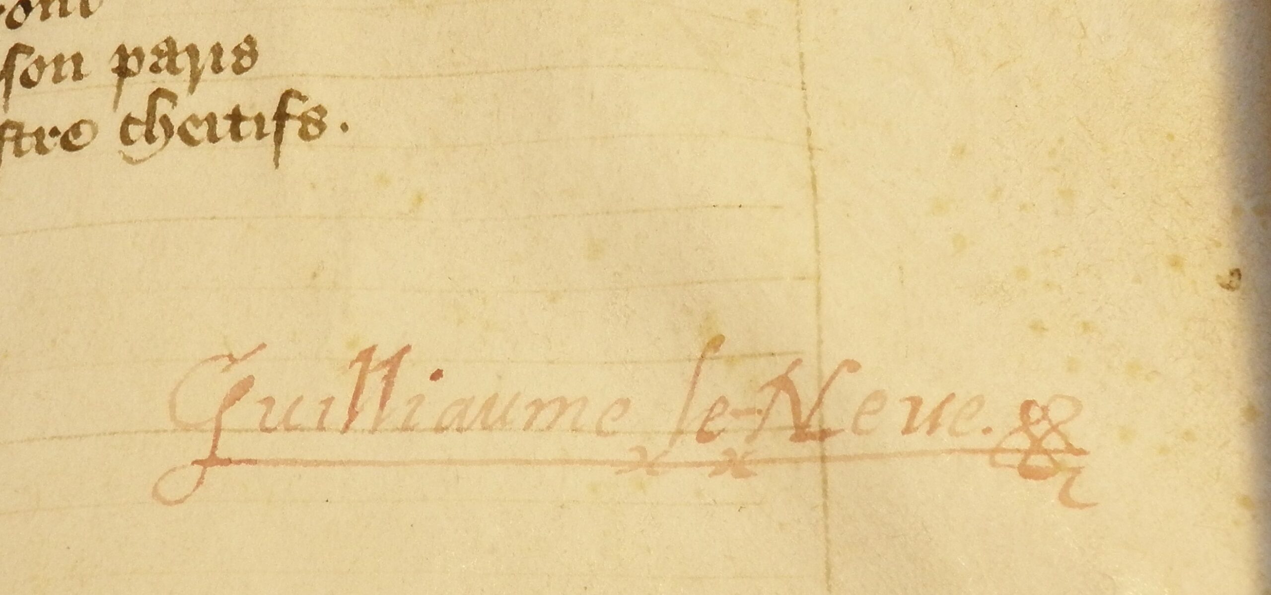 Detail of manuscript showing signature of Guilliaume le Neve.