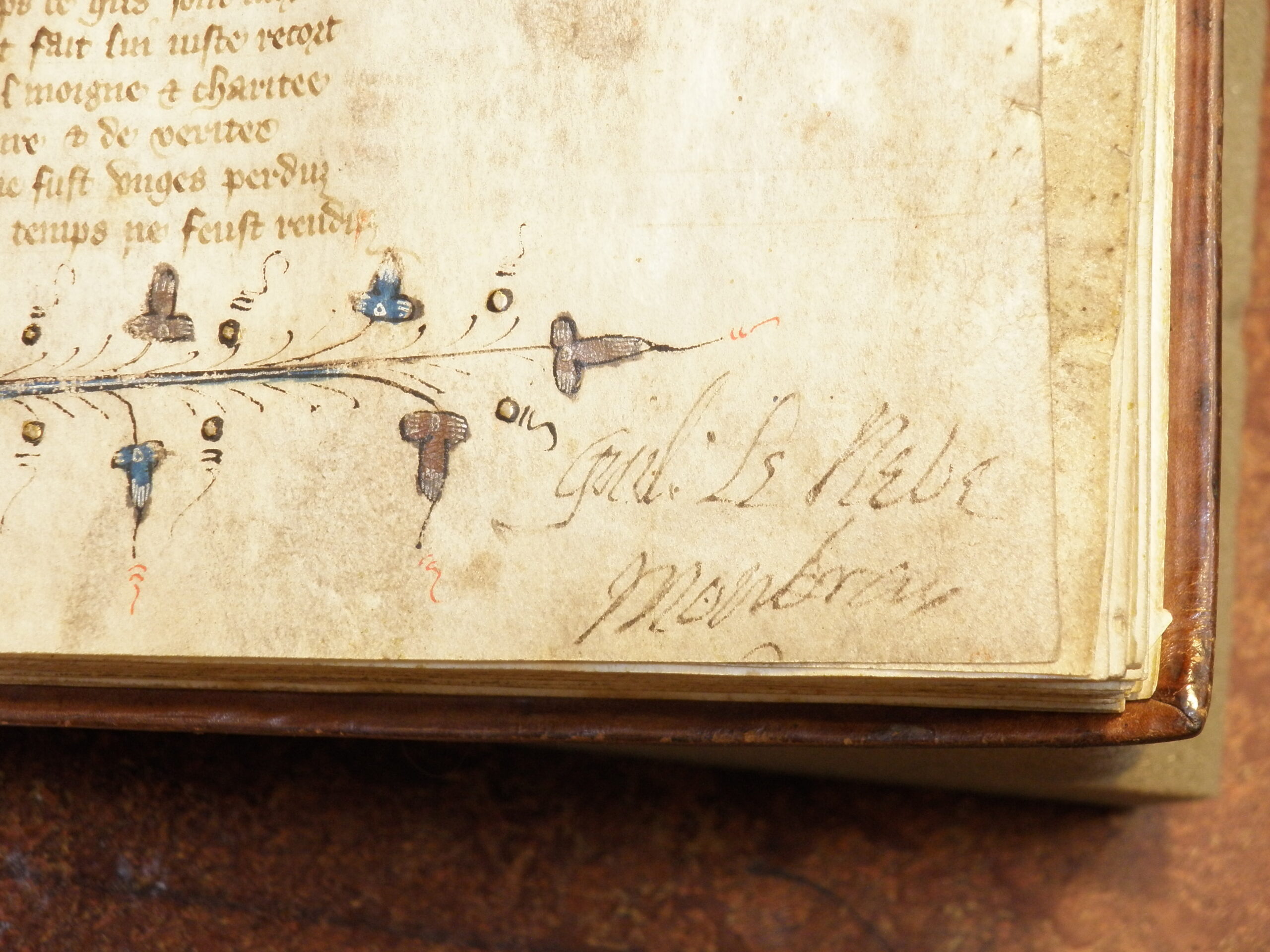 Detail of manuscript showing signature of Guilliaume le Neve, Mowbray.
