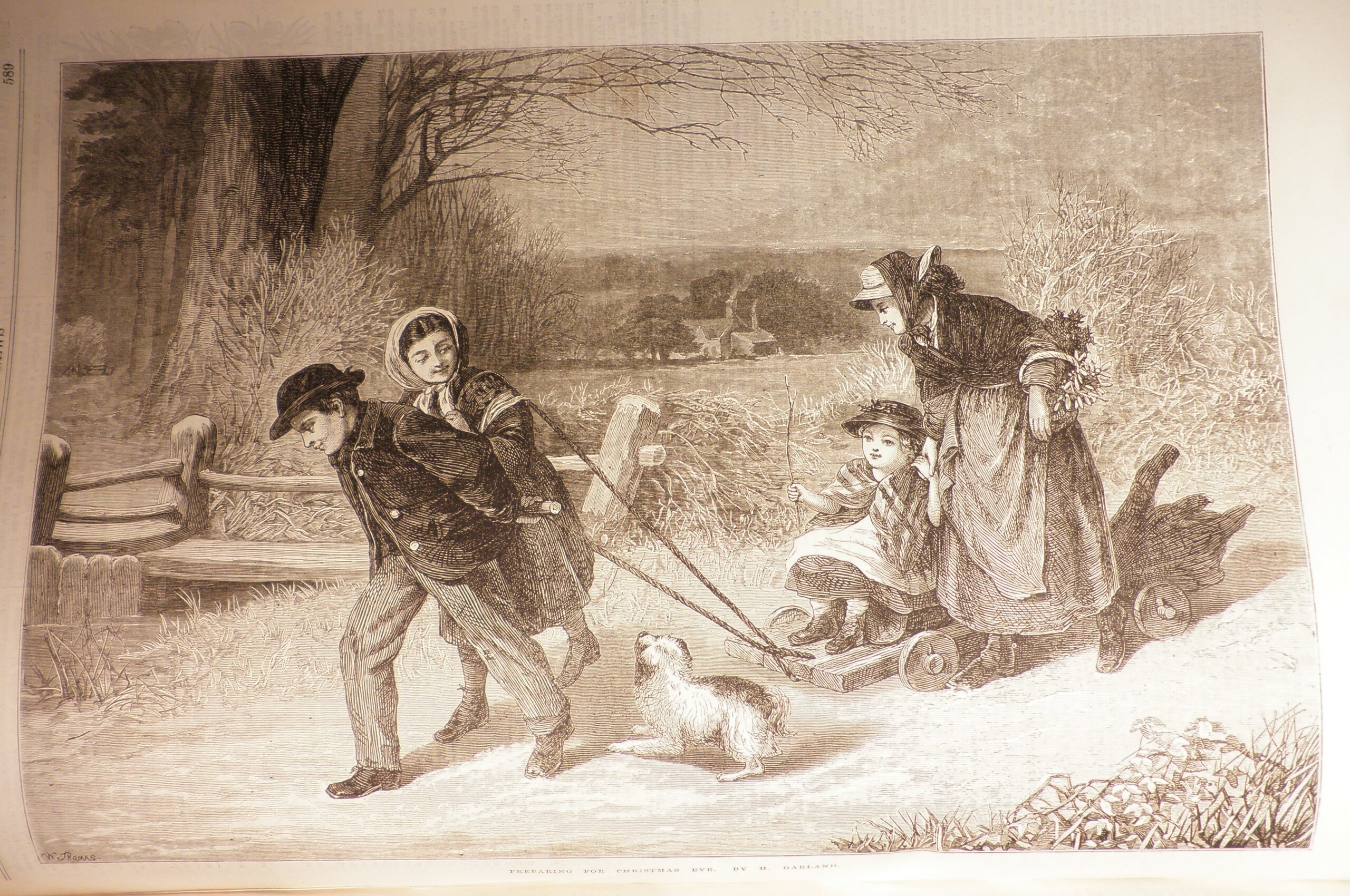 Engraved drawing of a family collecting firewood.