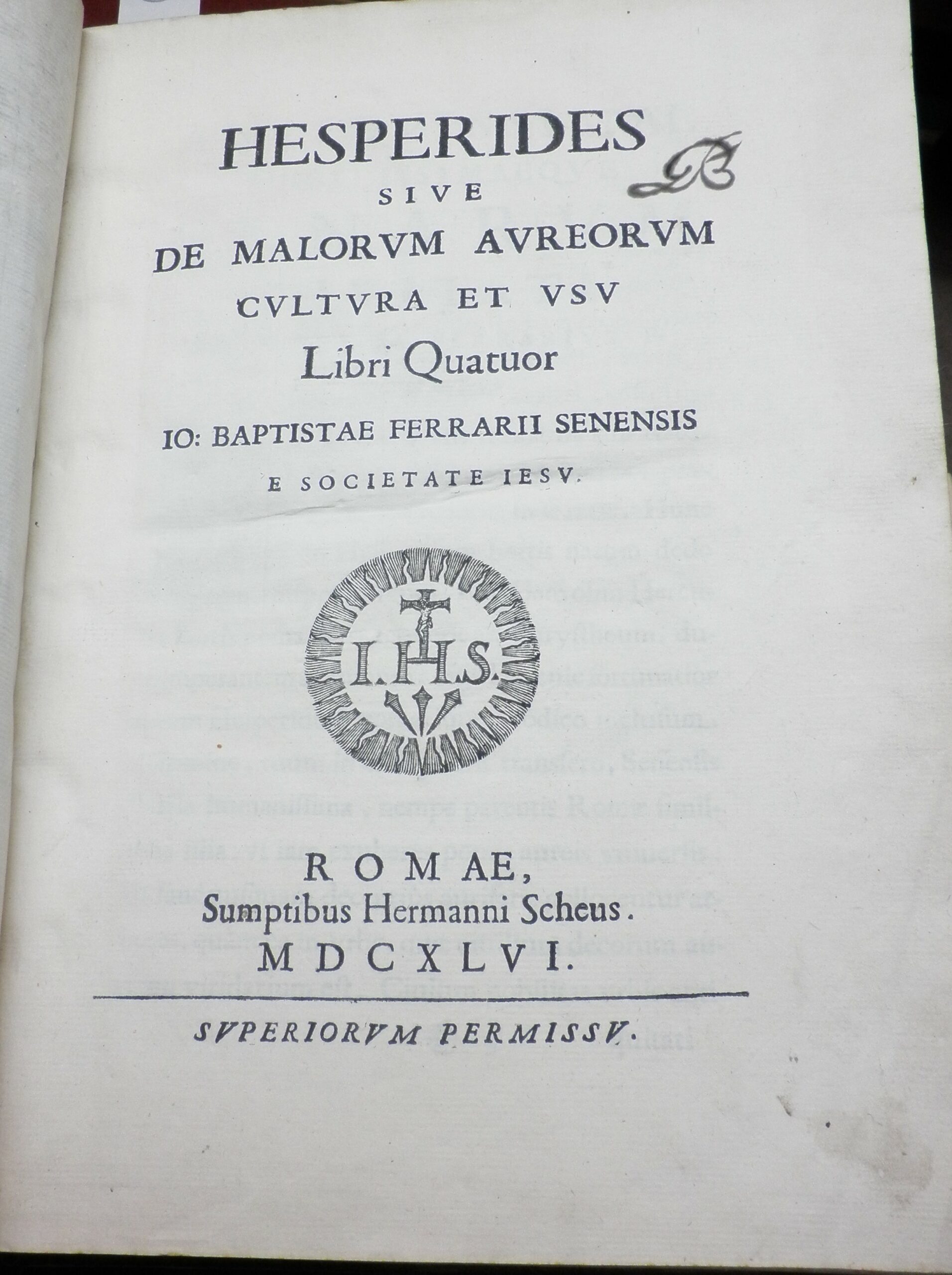 Title page of 'Hesperides', with George Clarke's mark.