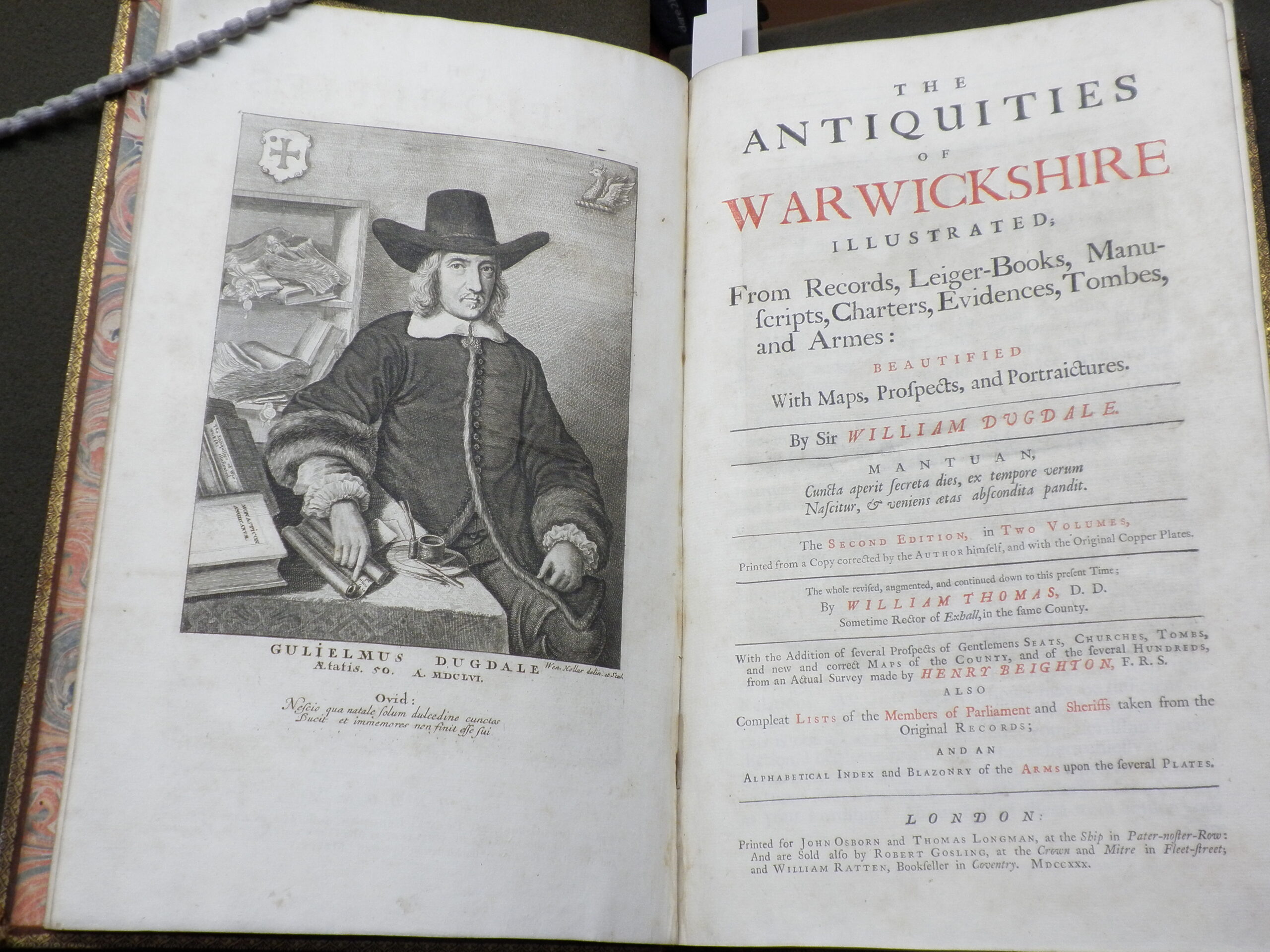 Title page of 'The Antiquities of Warwickshire', with a portrait of William Dugdale opposite.