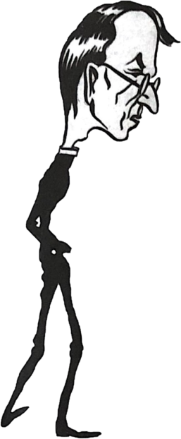 A black and white caricature of William Force Stead, showing him as tall and thin, in clerical black.