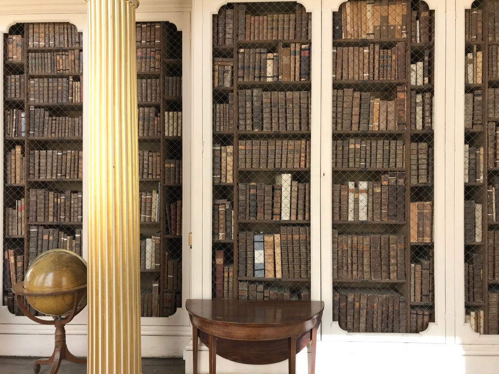 Bookcases full of calf-bound books; with a globe to the left.