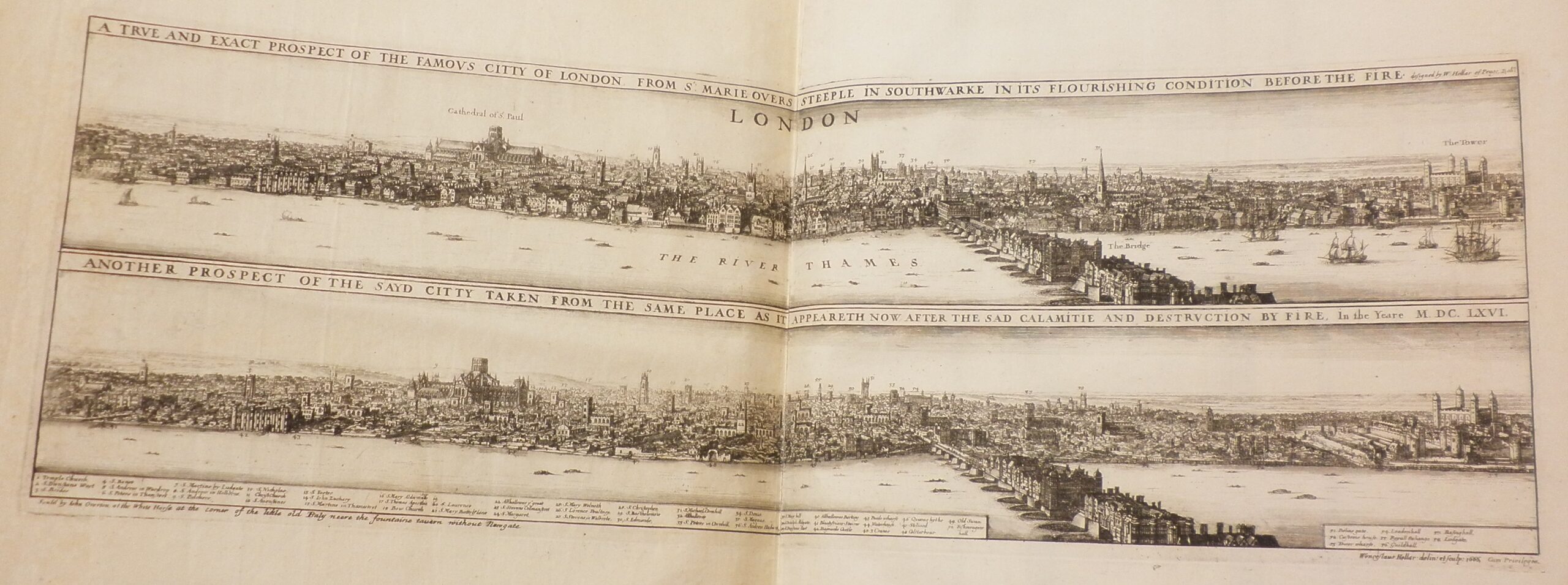 Two engravings of panoramic views of London, before and after the fire.
