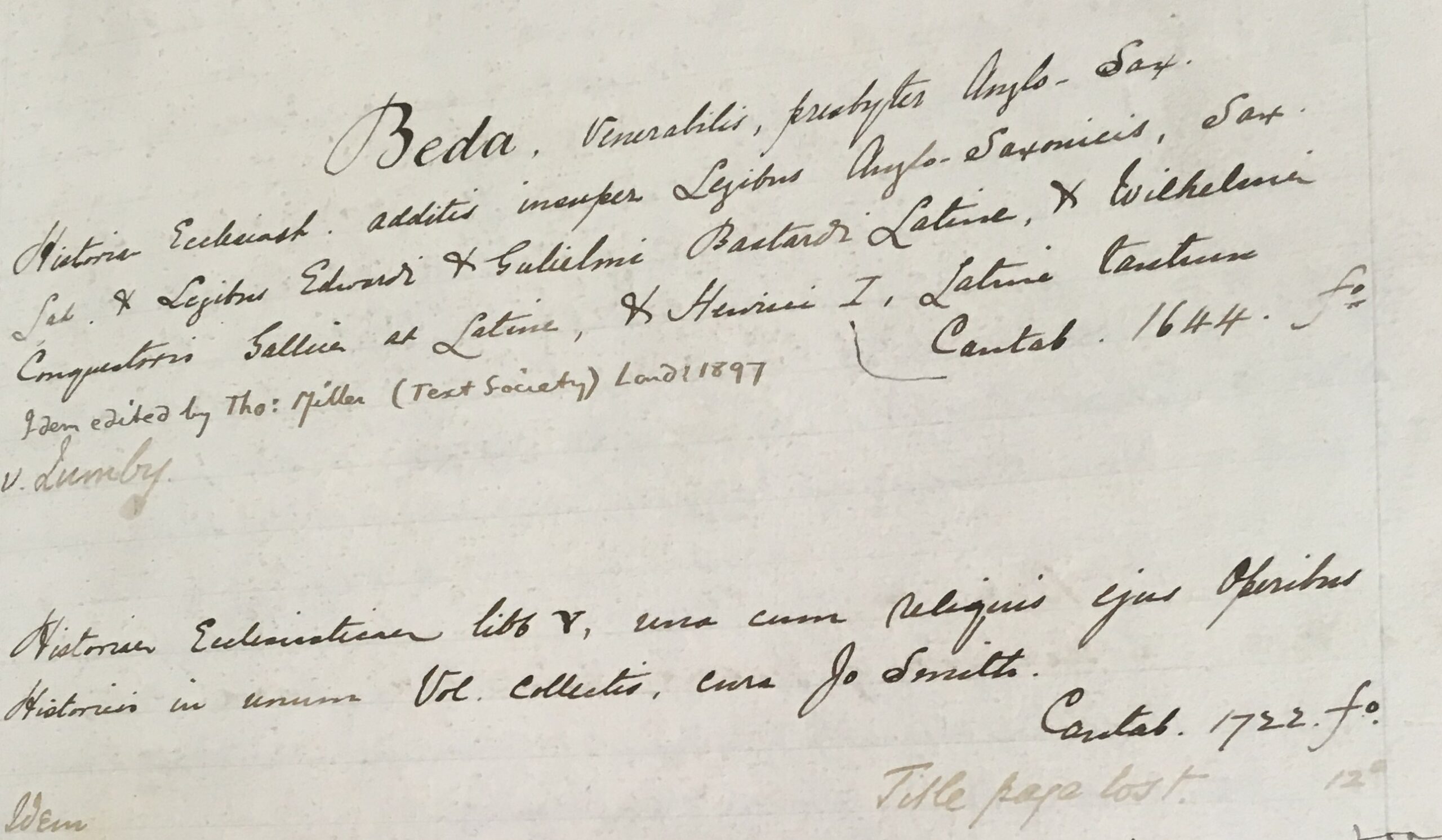 Handwritten catalogue entries for Bede.